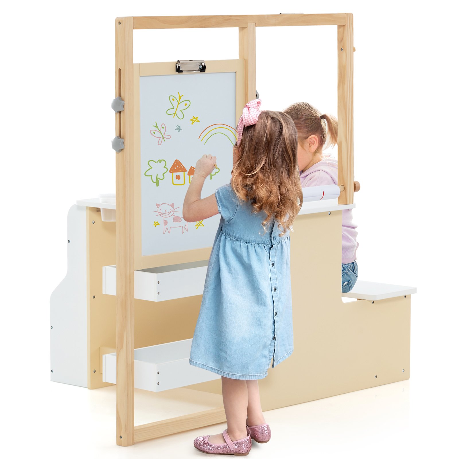 Easel - Kids Art Easel Table and Bench Set with Adjustable Easel and Bookshelf-White