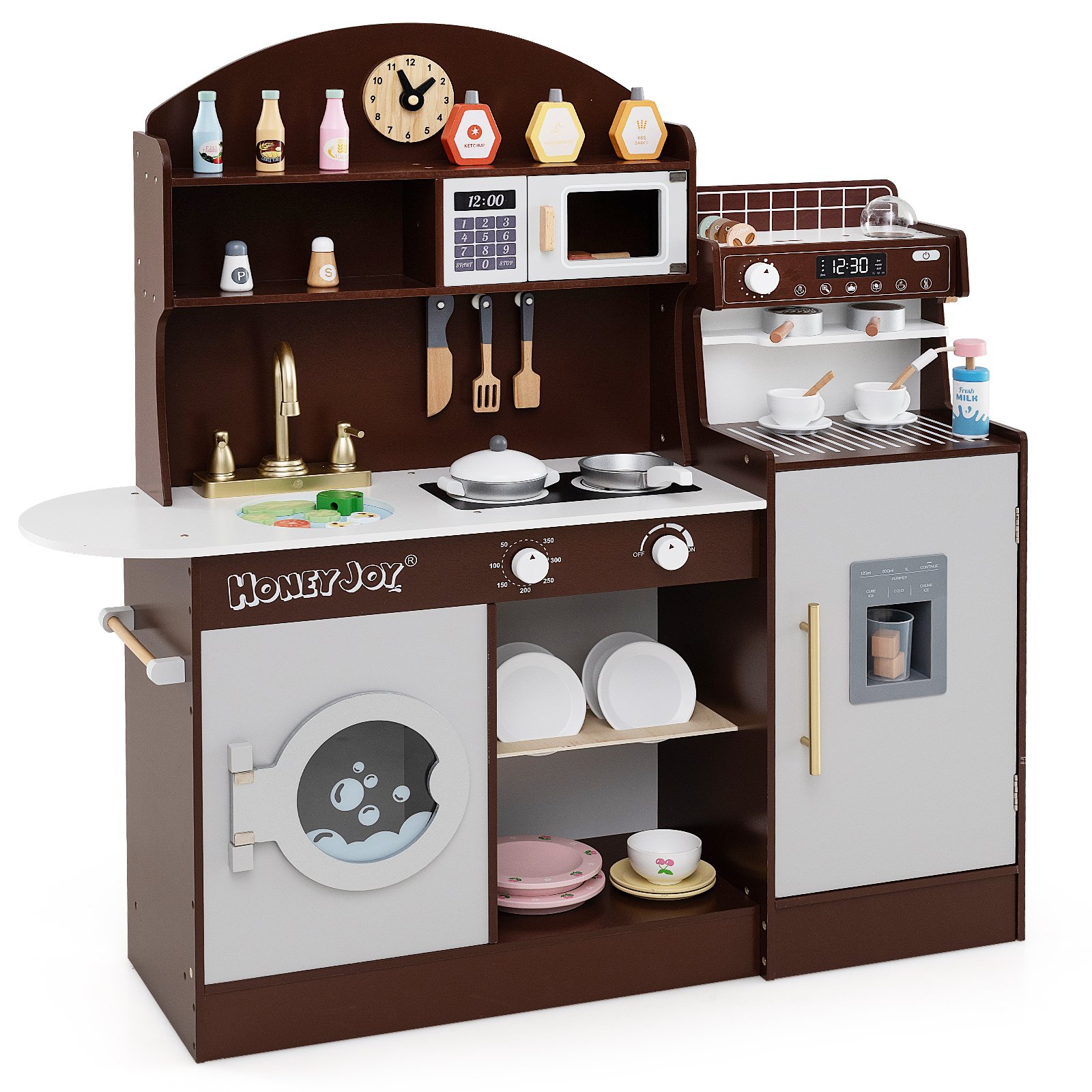 VENE Wooden Kitchen Playset with Clock and Microwave-Brown