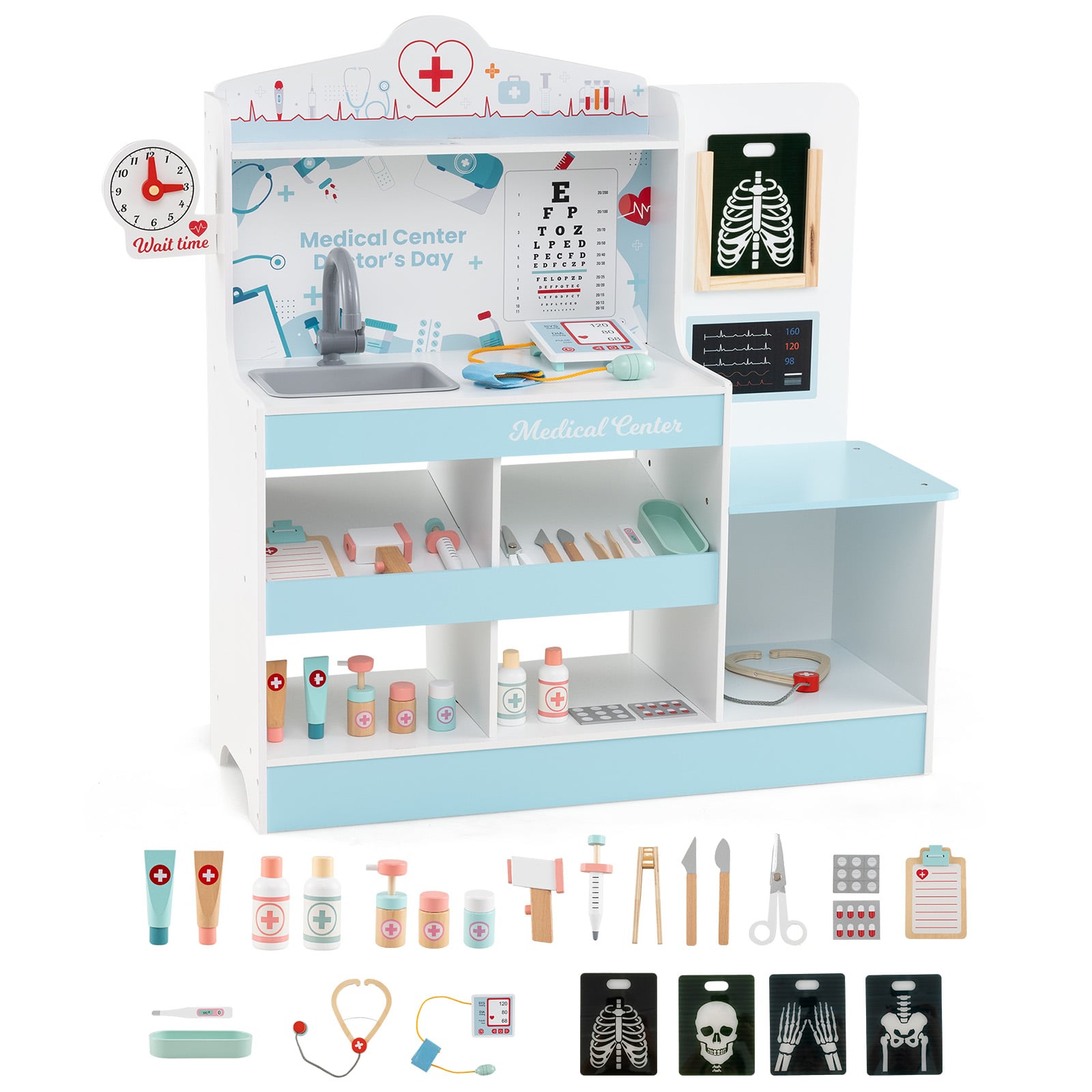 OTHRILL Wooden Doctor Play Set Kids Medical Center with Storage for Boys and Girls 3+ Years Old-Blue