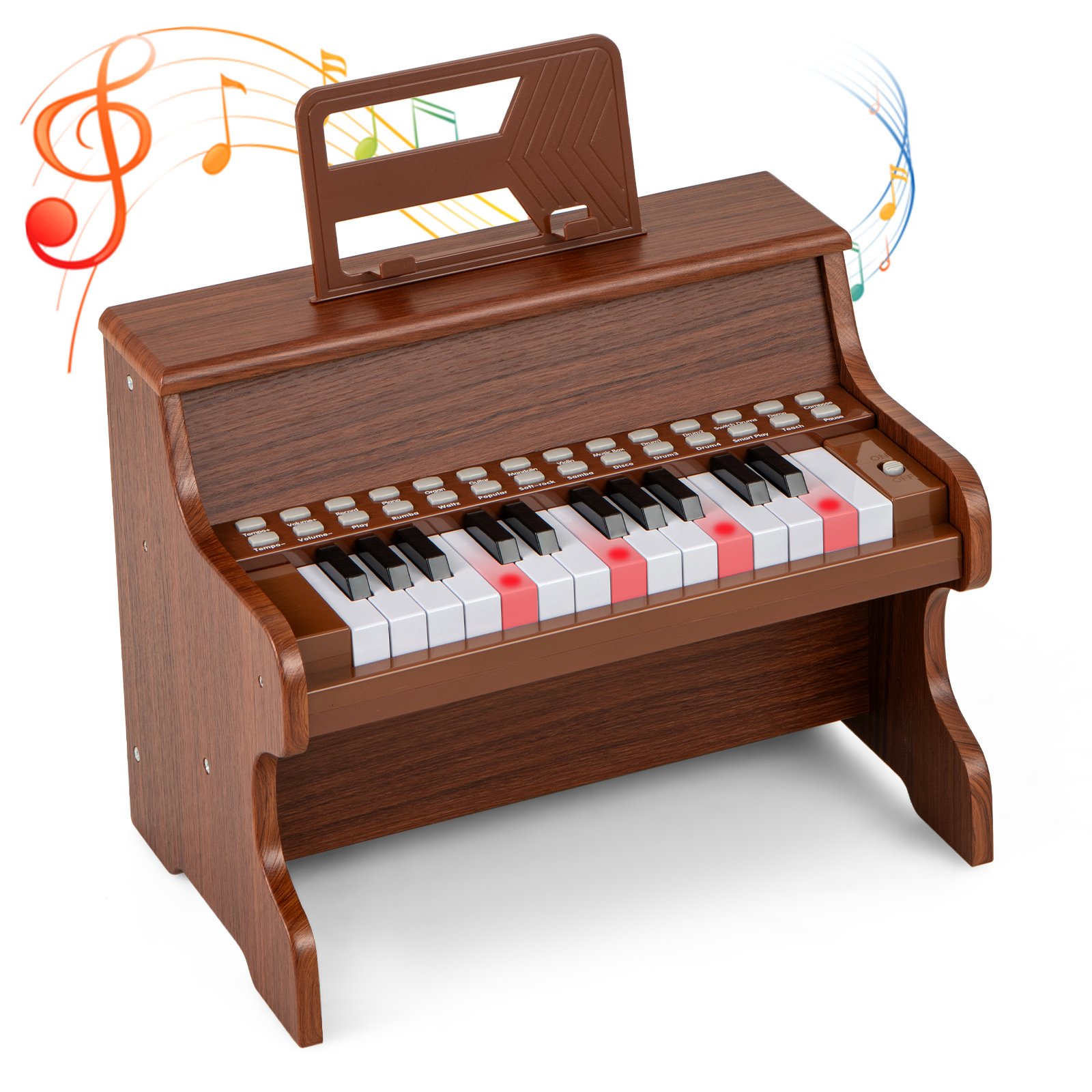 OXMEREON Wooden Kids Piano Keyboard 25 Keys Digital Piano with Music Stand Music Learning Gift for 3+ Kids-Brown