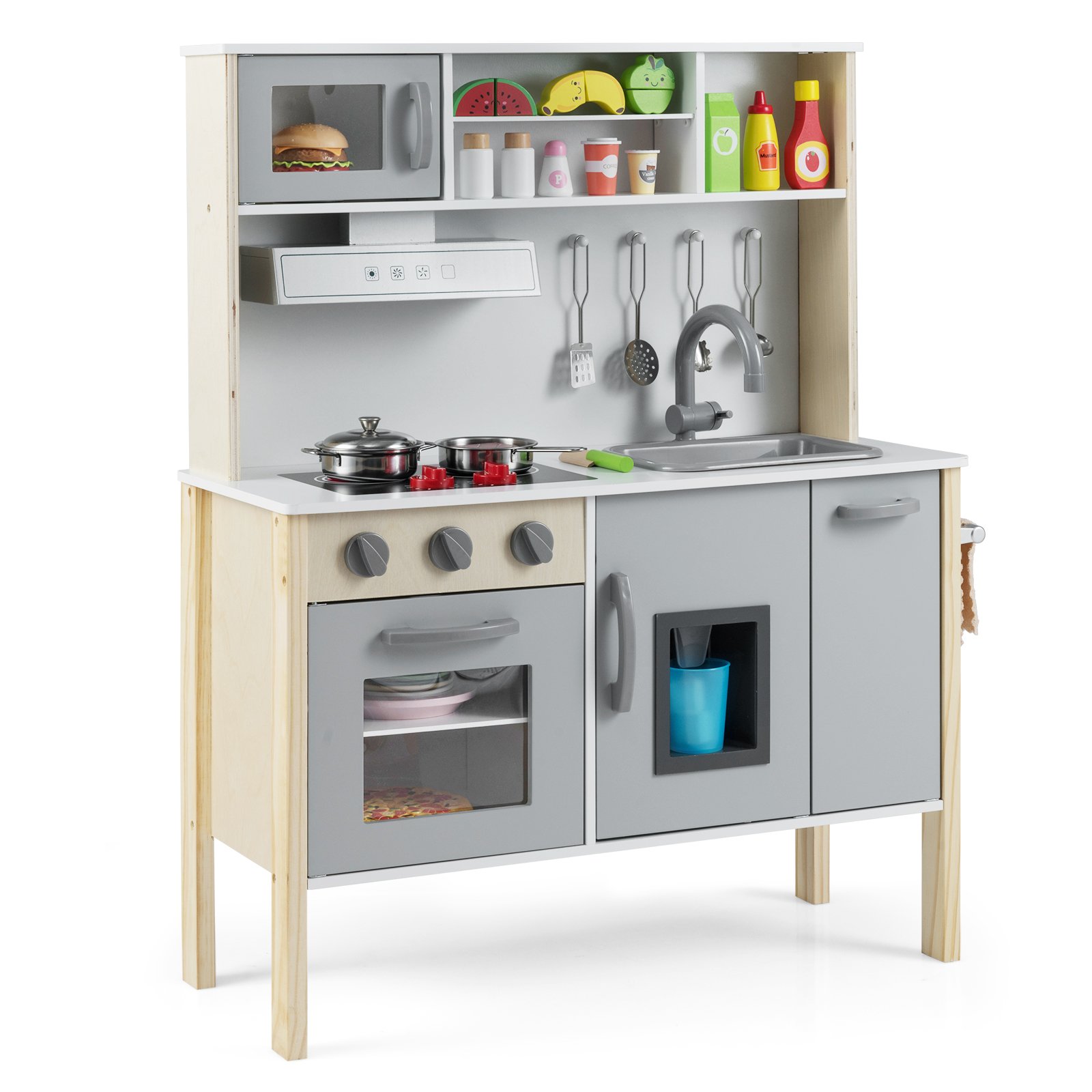 PARNIX Wooden Kids Play Kitchen Set with Microwave Stoves Oven-Grey