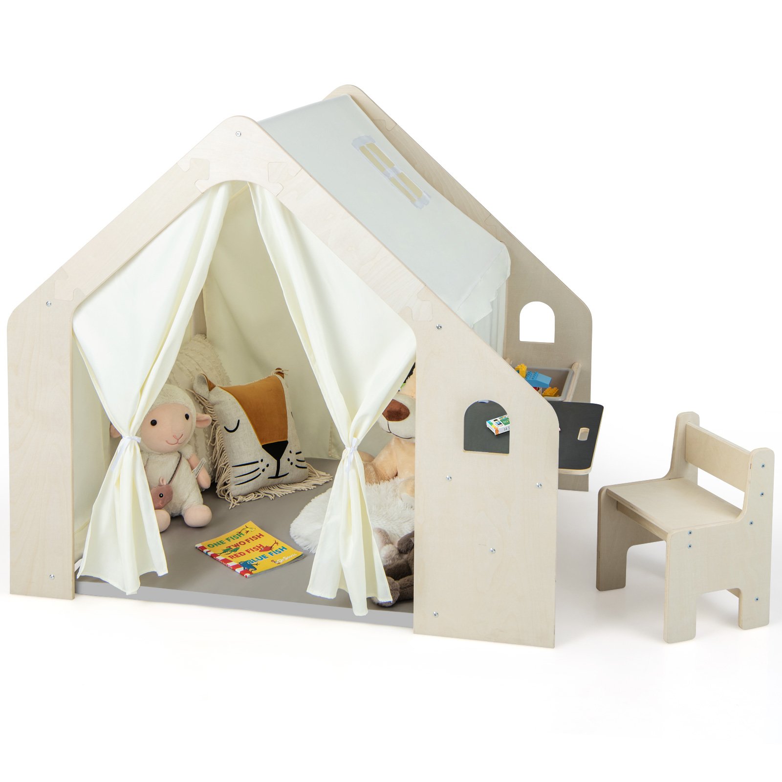 Kids Play Tent - Indoor Playhouse with Storage Bin and Floor Mat for Toddlers-Natural