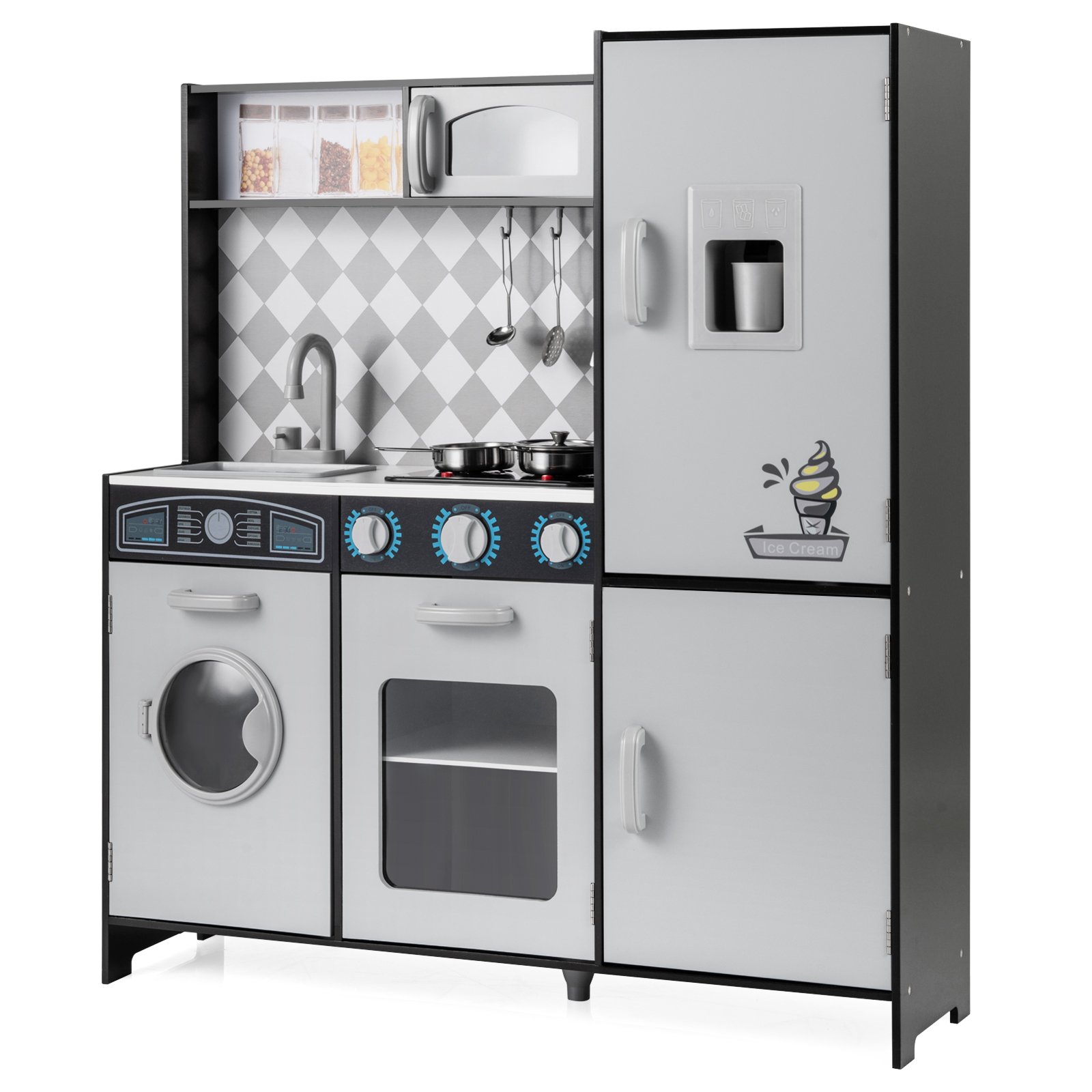 PELWICK Pretend Play Kitchen with Ice Maker and Cooking Stove for Kids-Grey