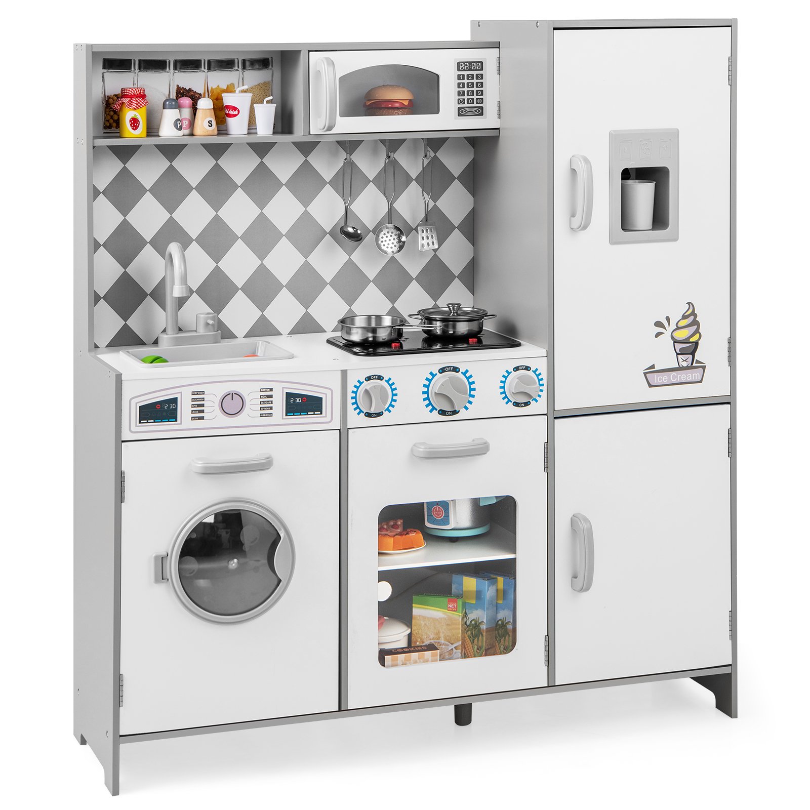 Kids Kitchen Toy - Pretend Play Kitchen with Ice Maker and Cooking Stove for Kids-White