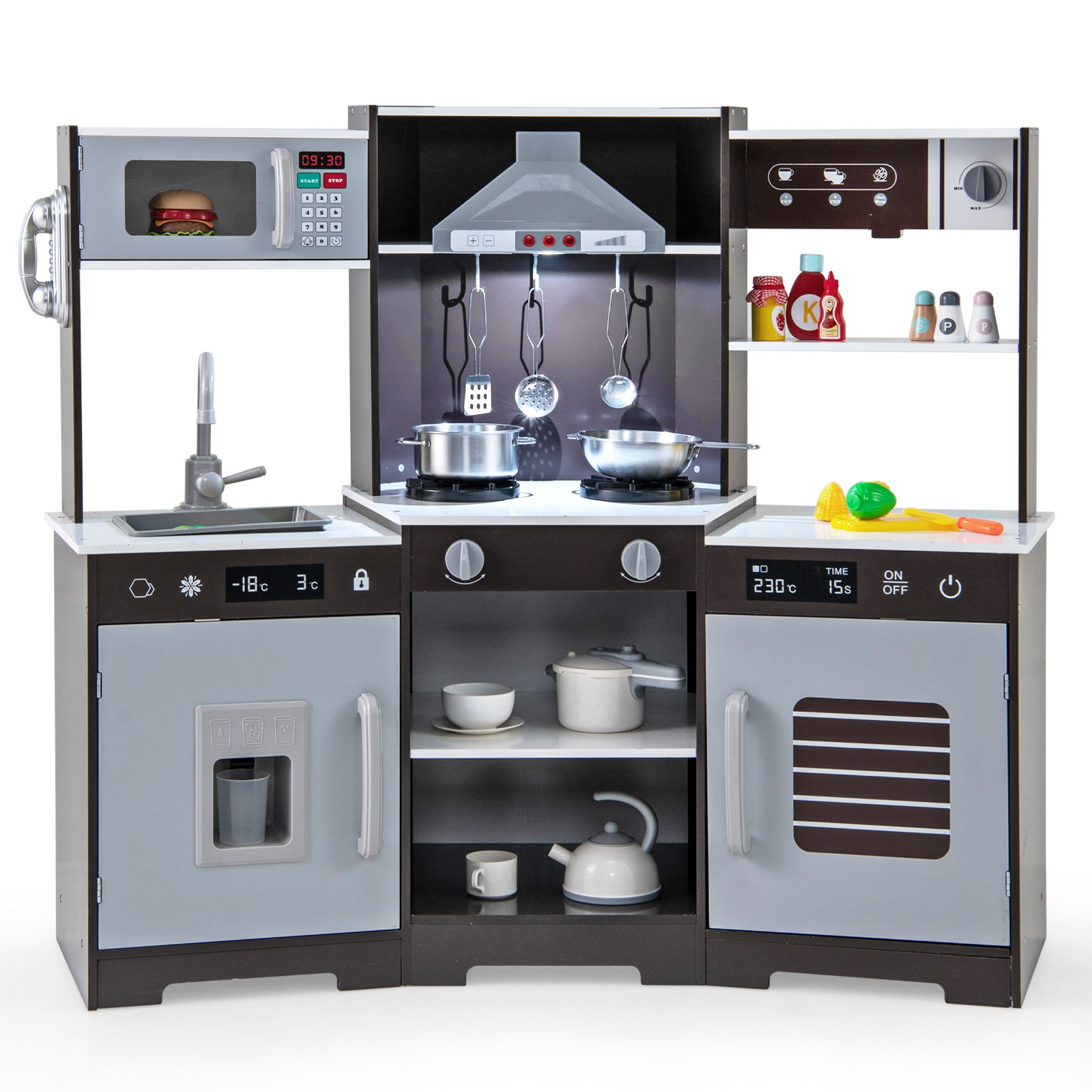 Kids Kitchen Toy - Wooden Pretend Play Kitchen with Real Sounds and Lights-Brown