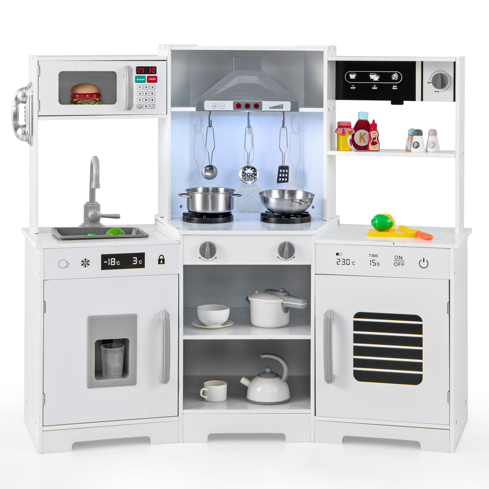 Kids Kitchen Toy - Wooden Pretend Play Kitchen with Real Sounds and Lights-White