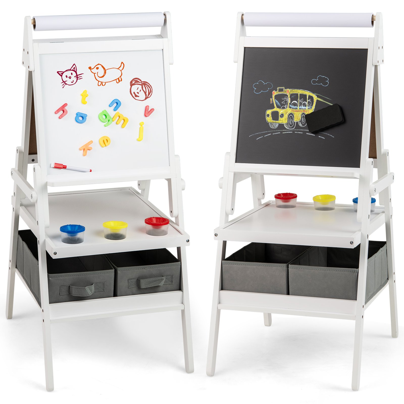 REULUR Double-sided Kids Easel with Magnetic Whiteboard and Chalkboard-White
