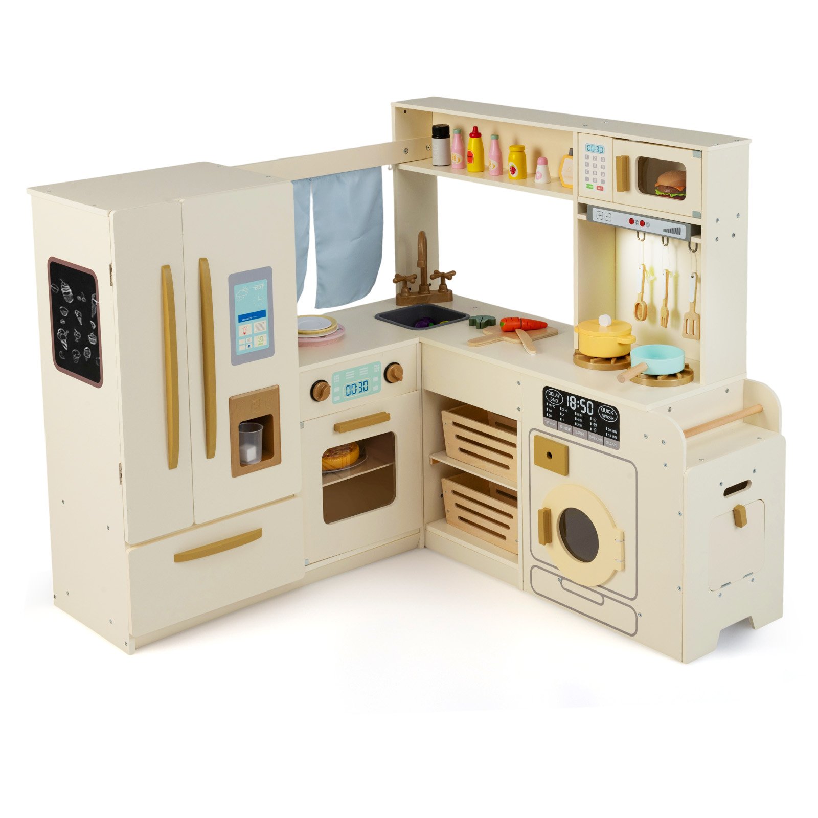 PRENTON Corner Kitchen Playset with Large Fridge for Toddlers 3+ Years Old-Beige