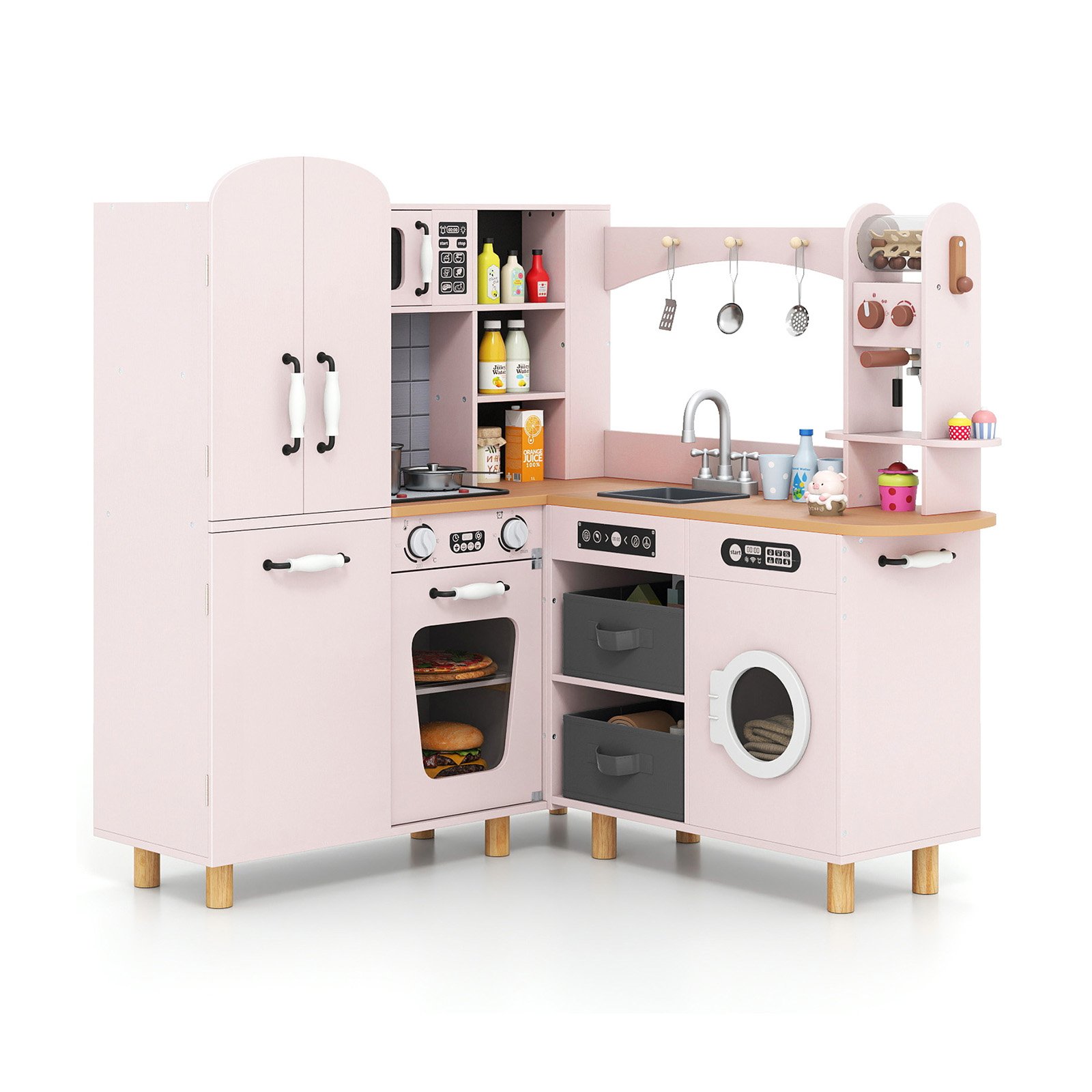 PRILLEX Wooden Corner Play Kitchen with Pine Wood Legs and Lights & Sounds-Pink