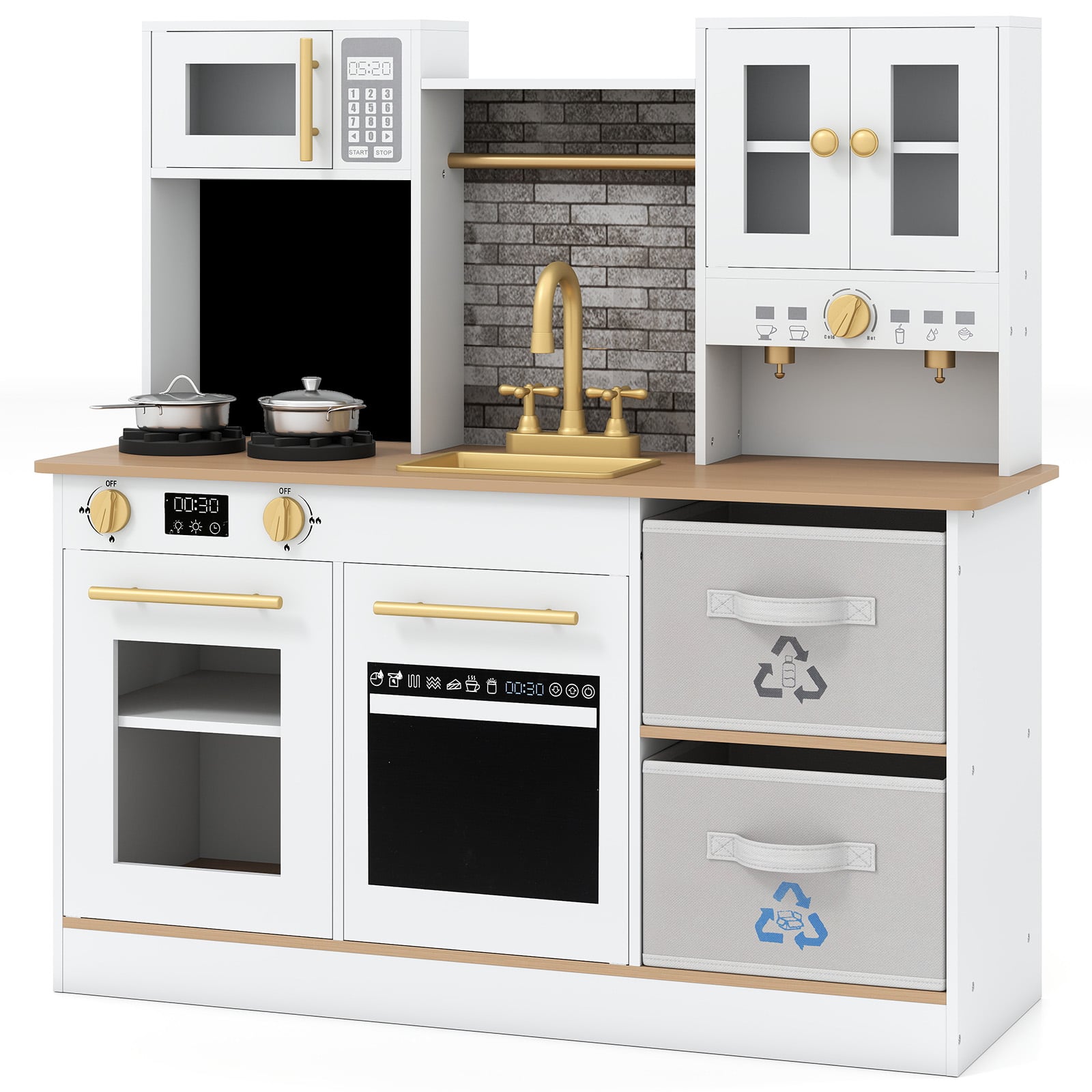 PROWDEN Wooden play kitchen with stove and sounds childrens kitchen with sink-Natural
