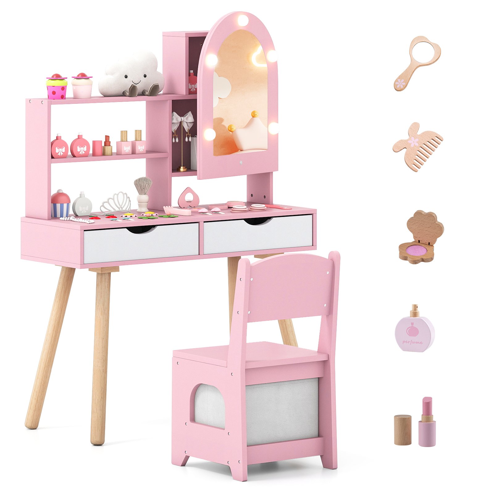 RIMWELL Kids Vanity Set Pretend Play Dressing Table Set with 3-Color Lighting Modes-Pink