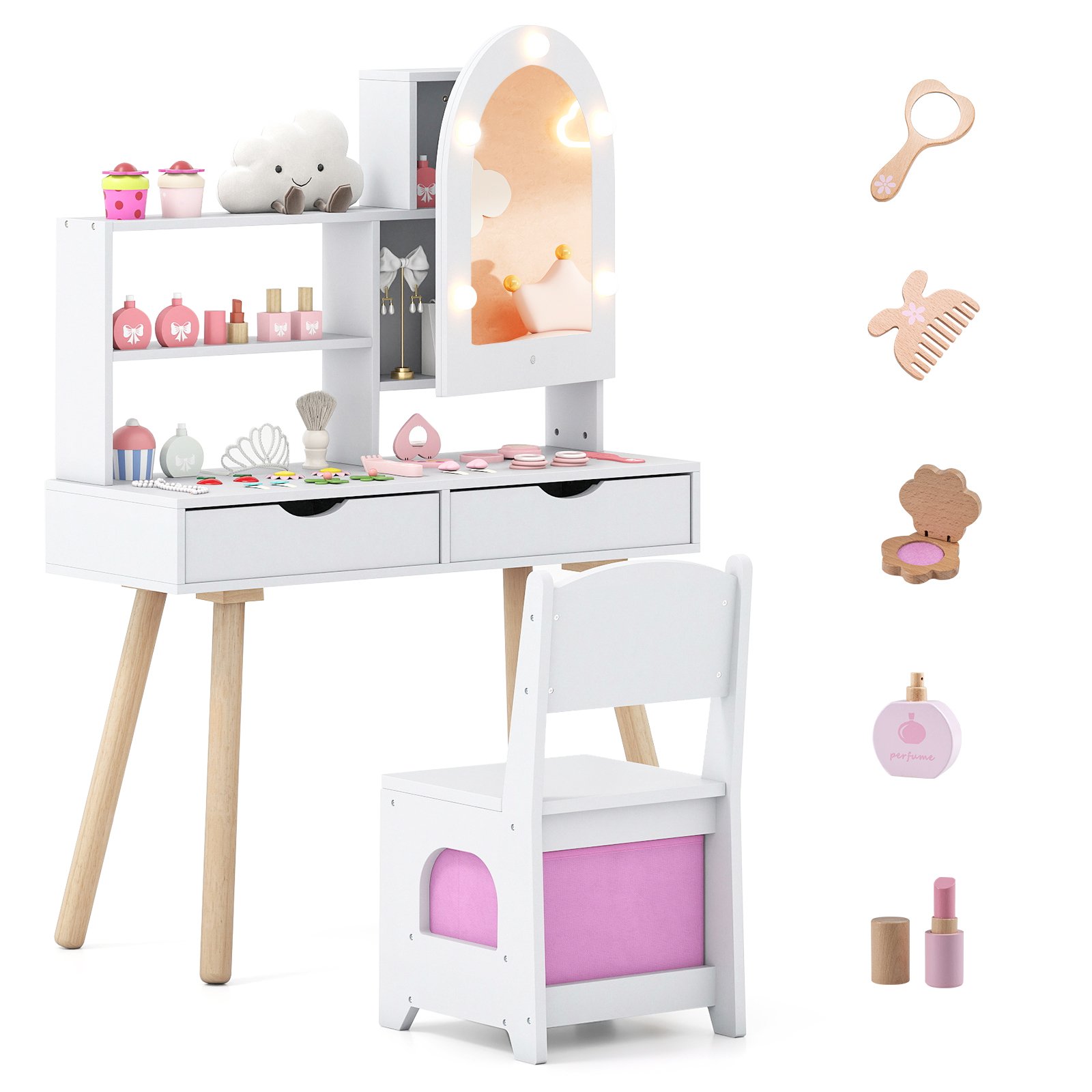 RIMWELL Kids Vanity Set Pretend Play Dressing Table Set with 3-Color Lighting Modes-White