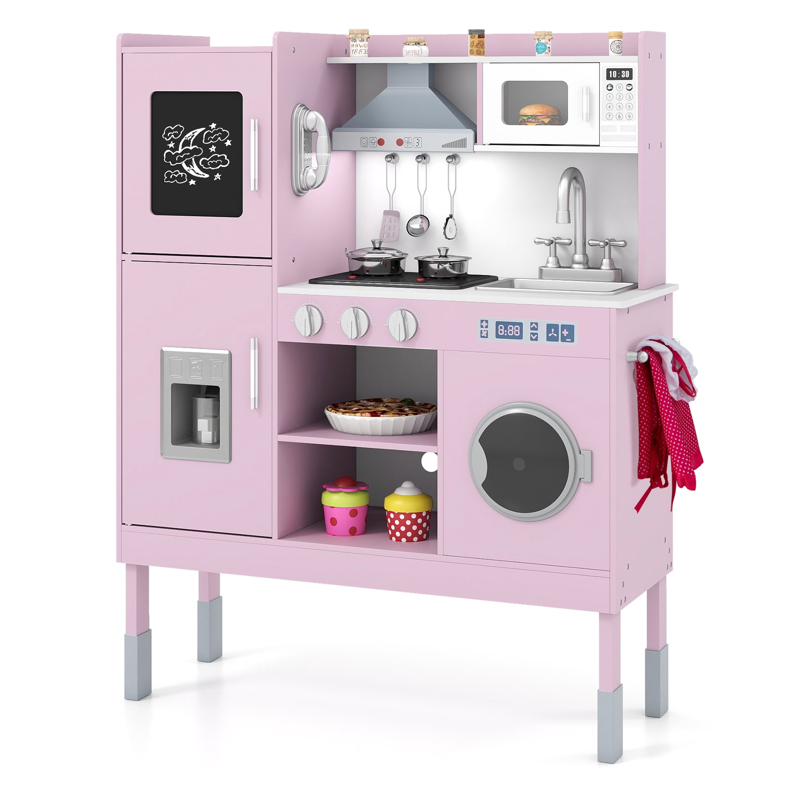 PAVOR Wooden Kitchen Toy Set with 16 Pieces Accessories and Real Sounds-Pink