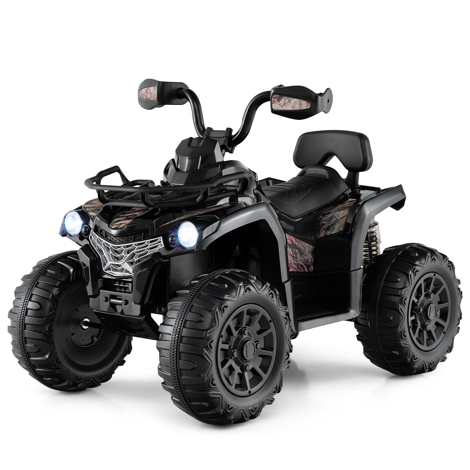 LOALOV 12V Electric Powered Quad Vehicle with Spring Suspension Oversized Wheels and Storage Basket-Black