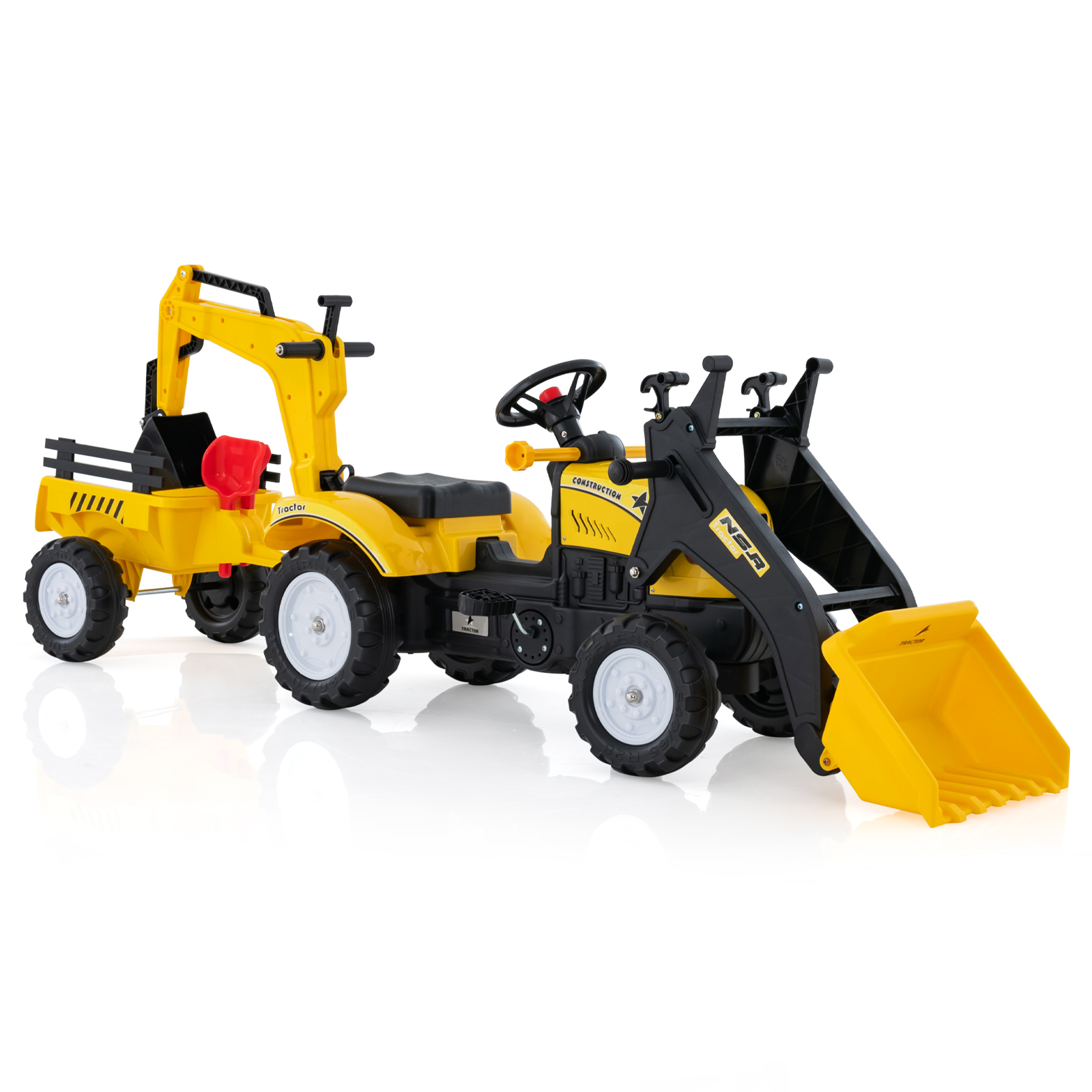 3-in-1 Kids Ride On Pedal Excavator with Detachable Trailer - Yellow