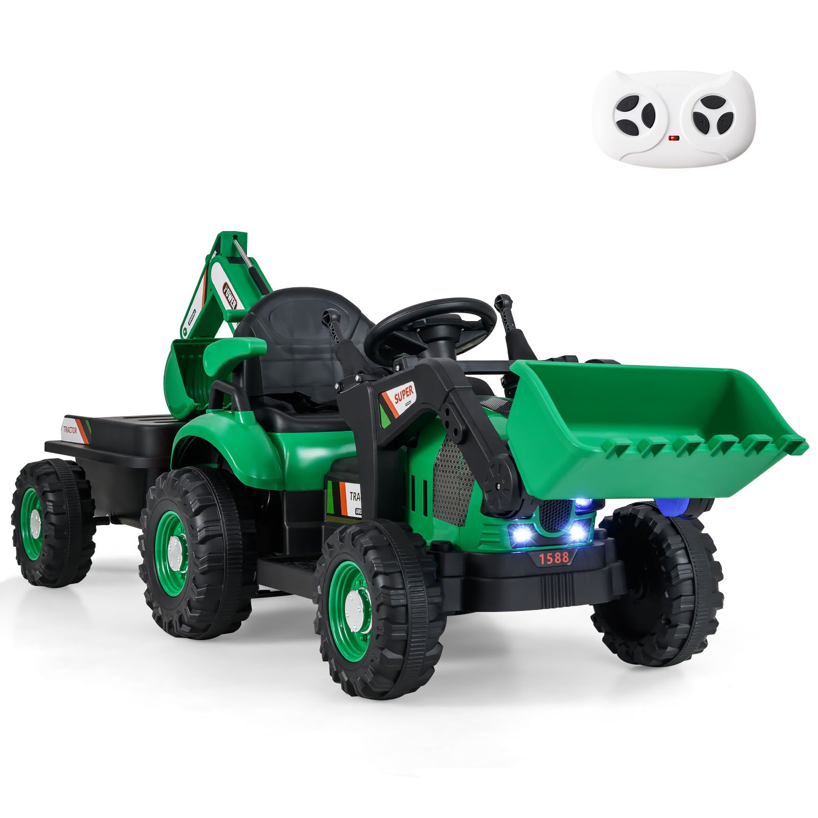 SOLMEREON 4-in-1 Ride on Tractor for Kids 12V with Remote Control and Trailer-Green