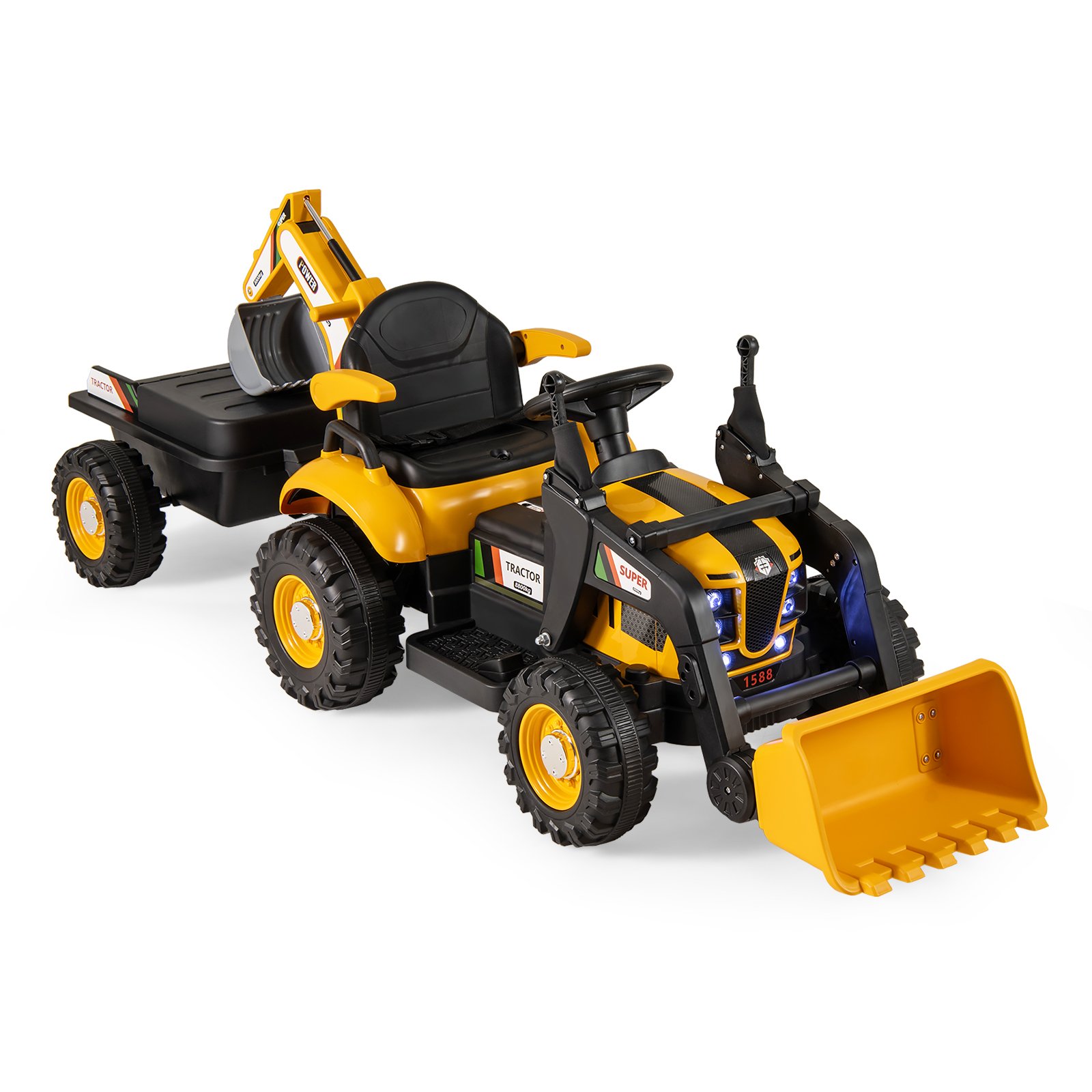 SOLMEREON 4-in-1 Ride on Tractor for Kids 12V with Remote Control and Trailer-Yellow