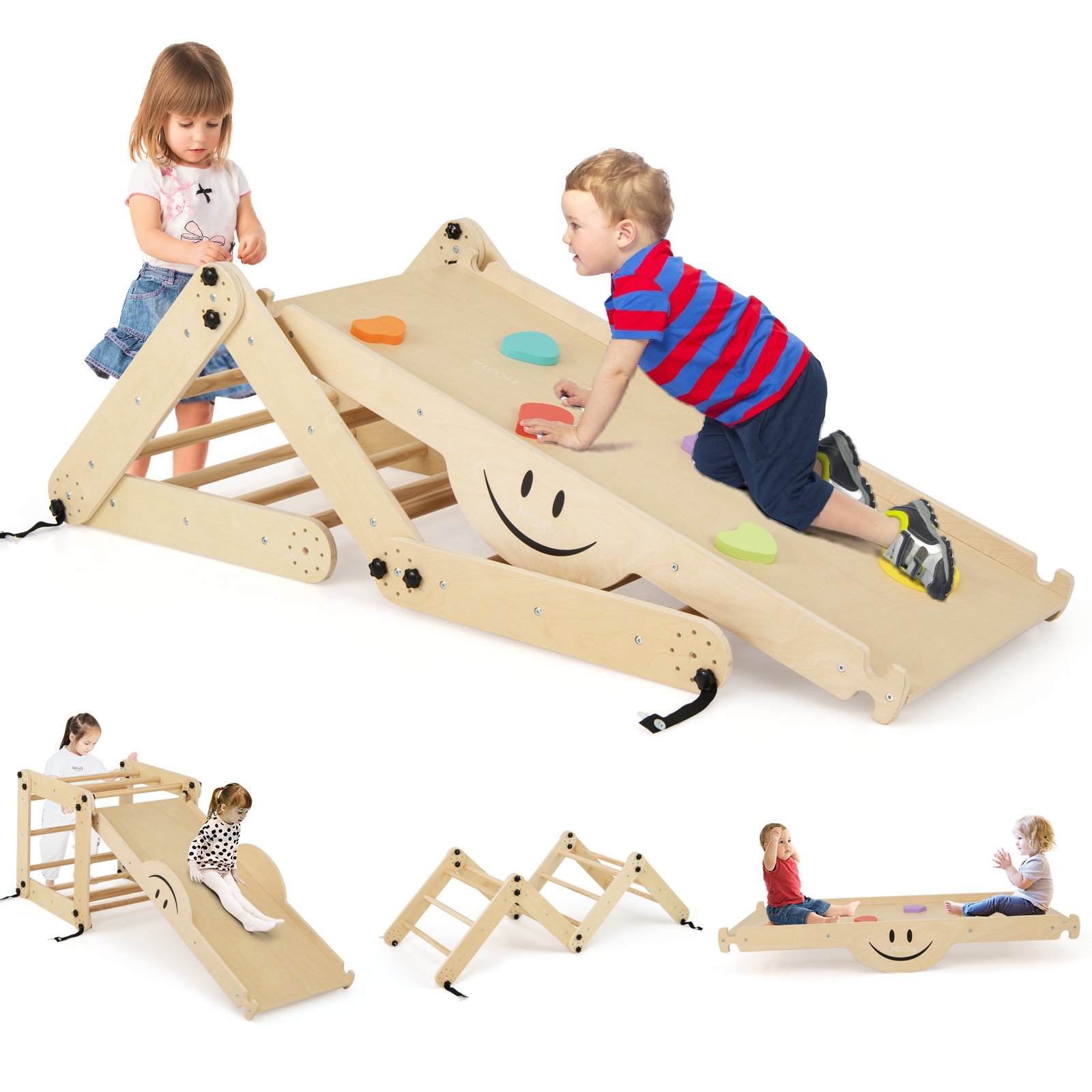 VIANDA Montessori Climbing Set for Toddlers Foldable with Fun Seesaw-Natural