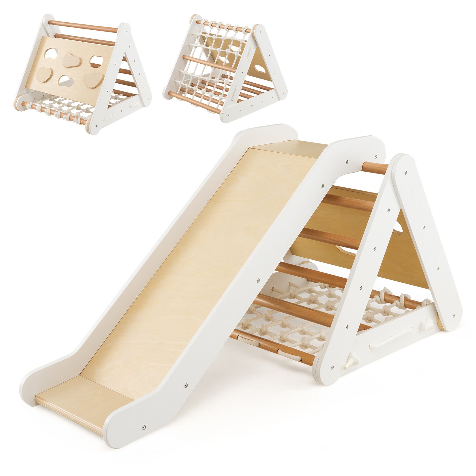OVIVUR 4 in 1 Toddler Wooden Triangle Climber with Ramp and Sliding Board-White