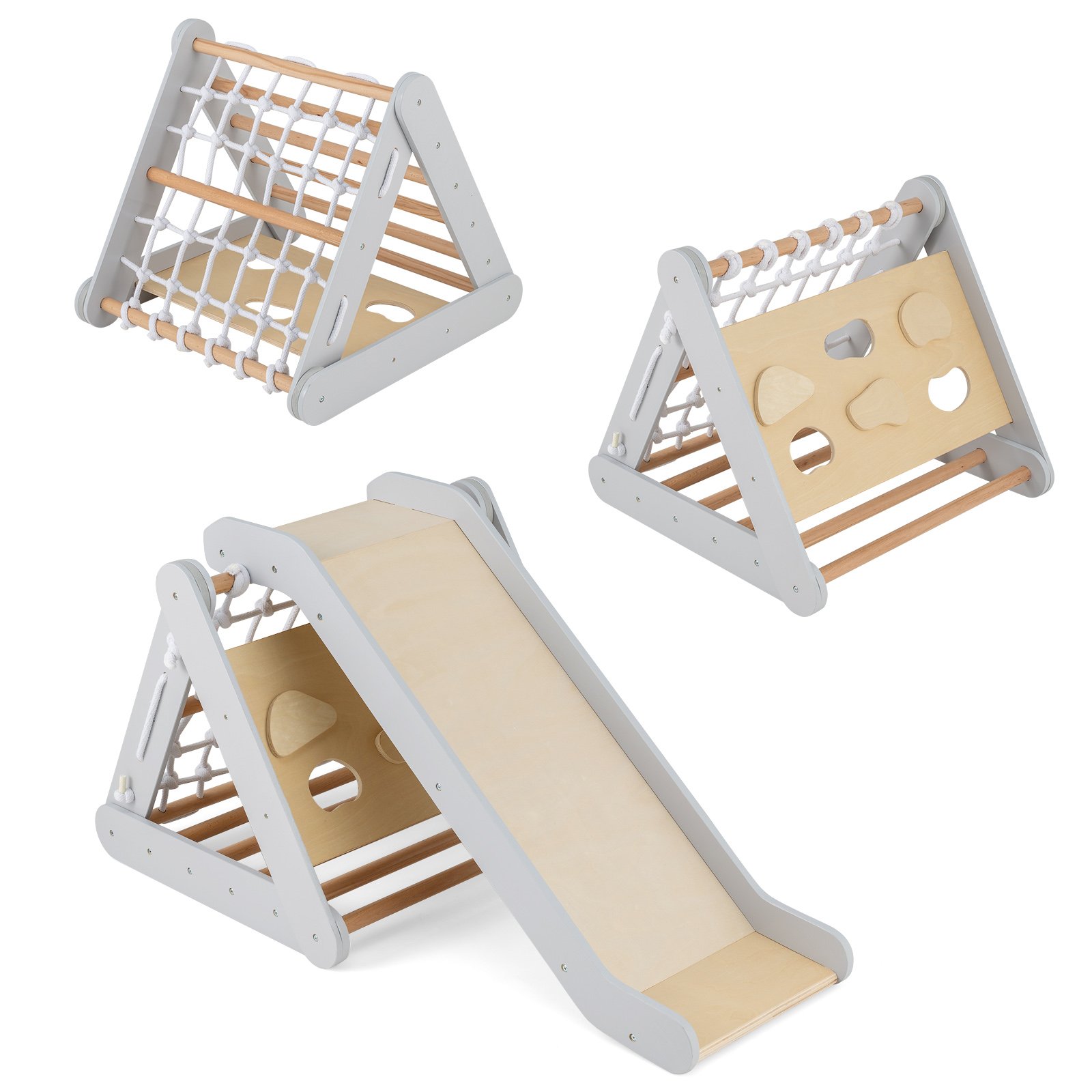 OVIVUR 4 in 1 Toddler Wooden Triangle Climber with Ramp and Sliding Board-Grey