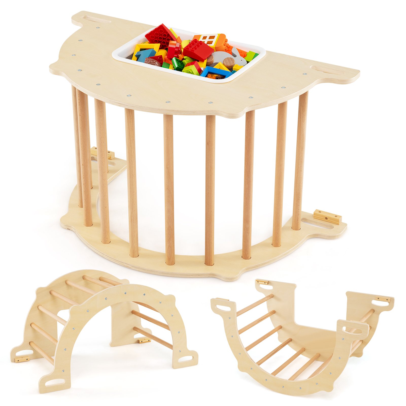 TARLITH Kids Climbing Arch Sensory Table with Removable Collapsible Storage Bin and Rocker Board-M
