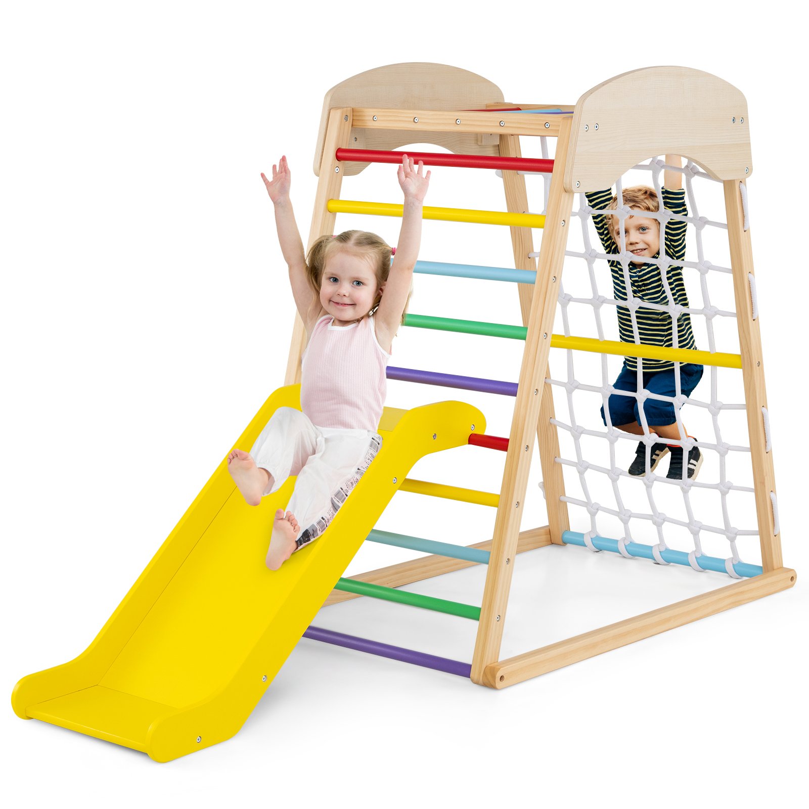 TASI 4-in-1 Jungle Gym Wooden Indoor Toddler Playground with Slide-Colourful