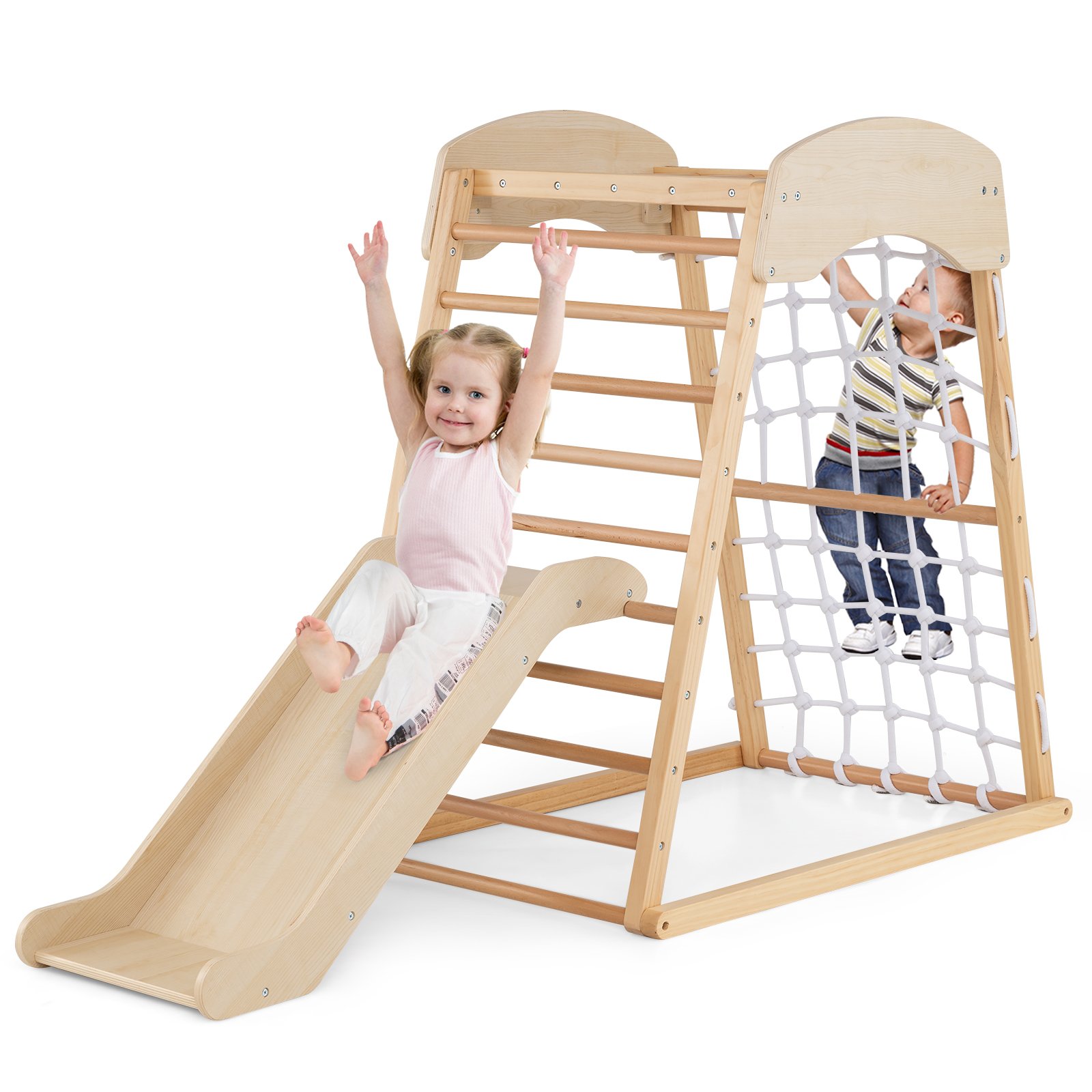 TASI 4-in-1 Jungle Gym Wooden Indoor Toddler Playground with Slide-Natural