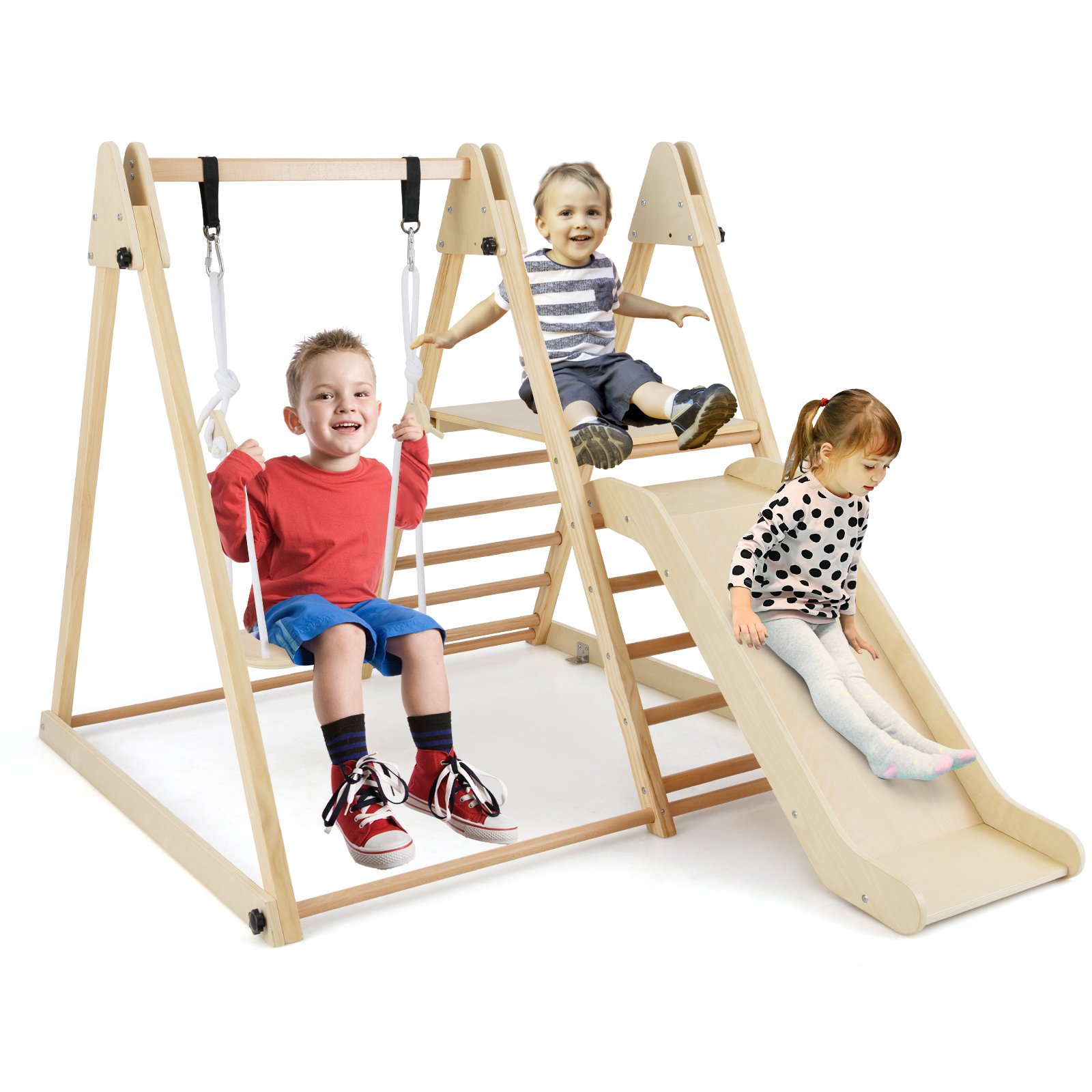 ZODAZO 3-in-1 Foldable Indoor Jungle Gym Wooden Climbing Toys with Swing-Natural