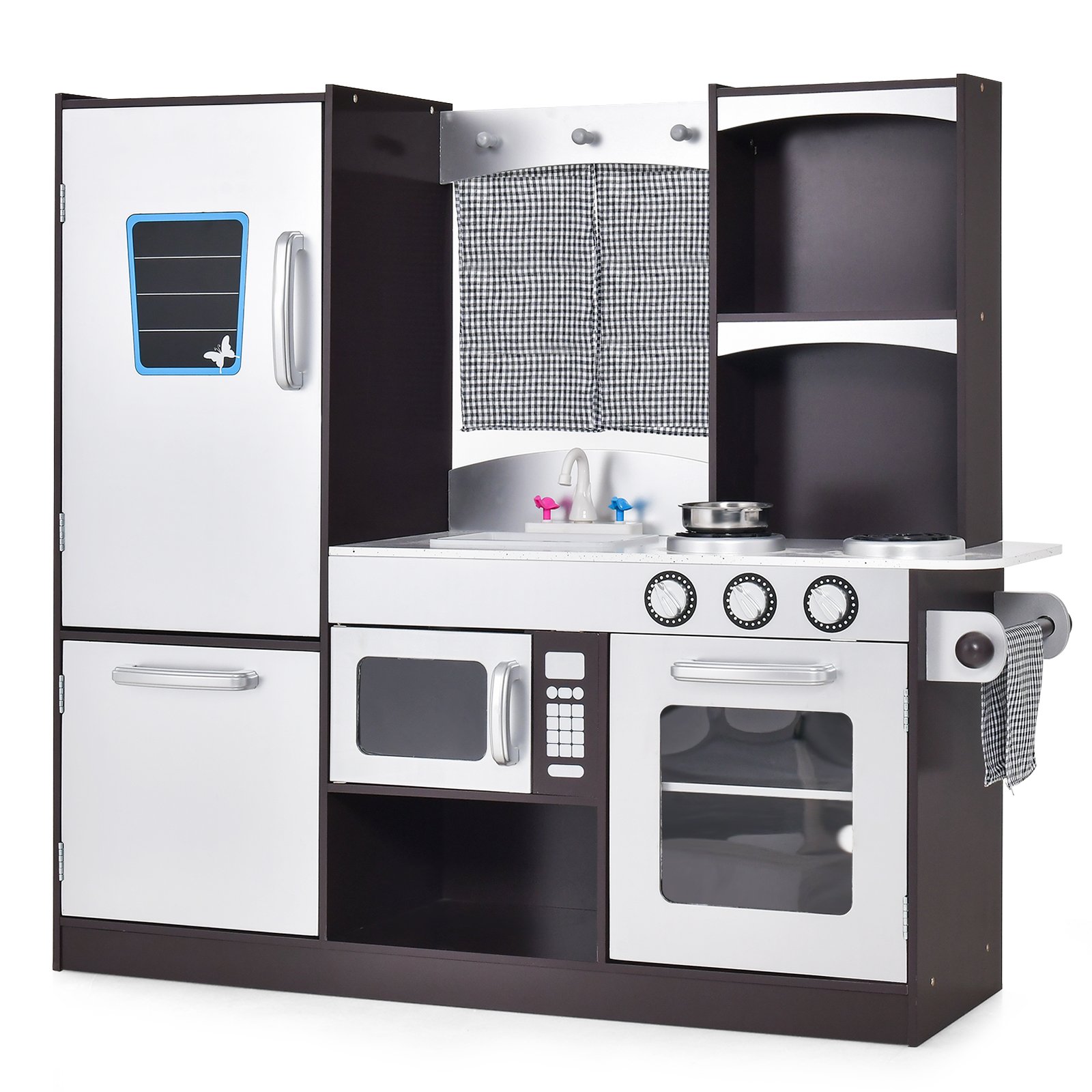 Kids Kitchen Toy - Kids Wooden Play Kitchen Set with Refrigerator Blackboard Sink Oven