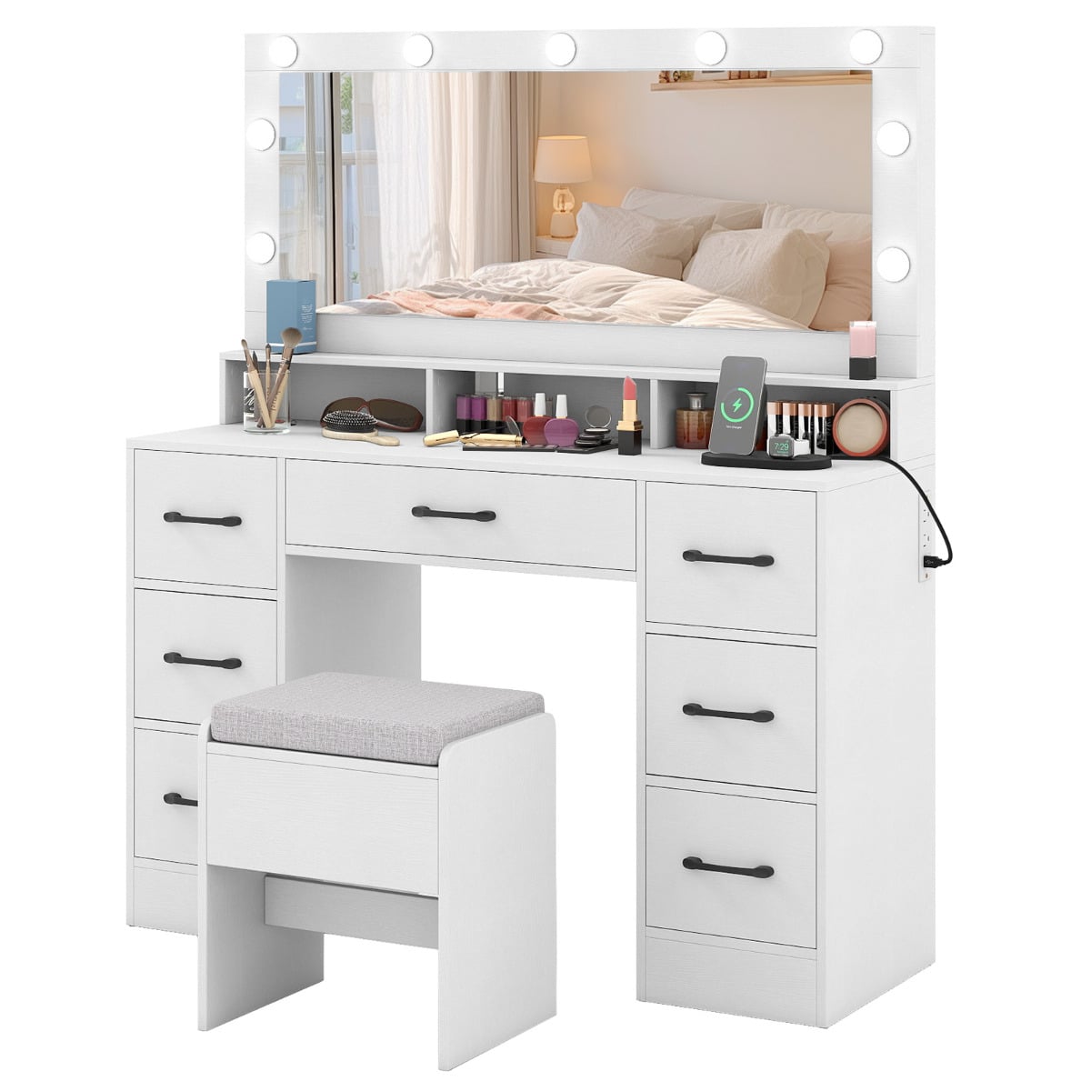 XORIN Vanity Desk with Mirror and Lights Makeup Table with Power Outlets-White