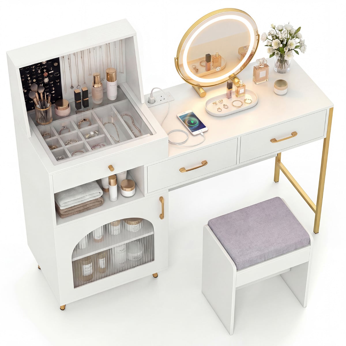XRIX Vanity Desk with Mirror & Lights 3 Modes-White