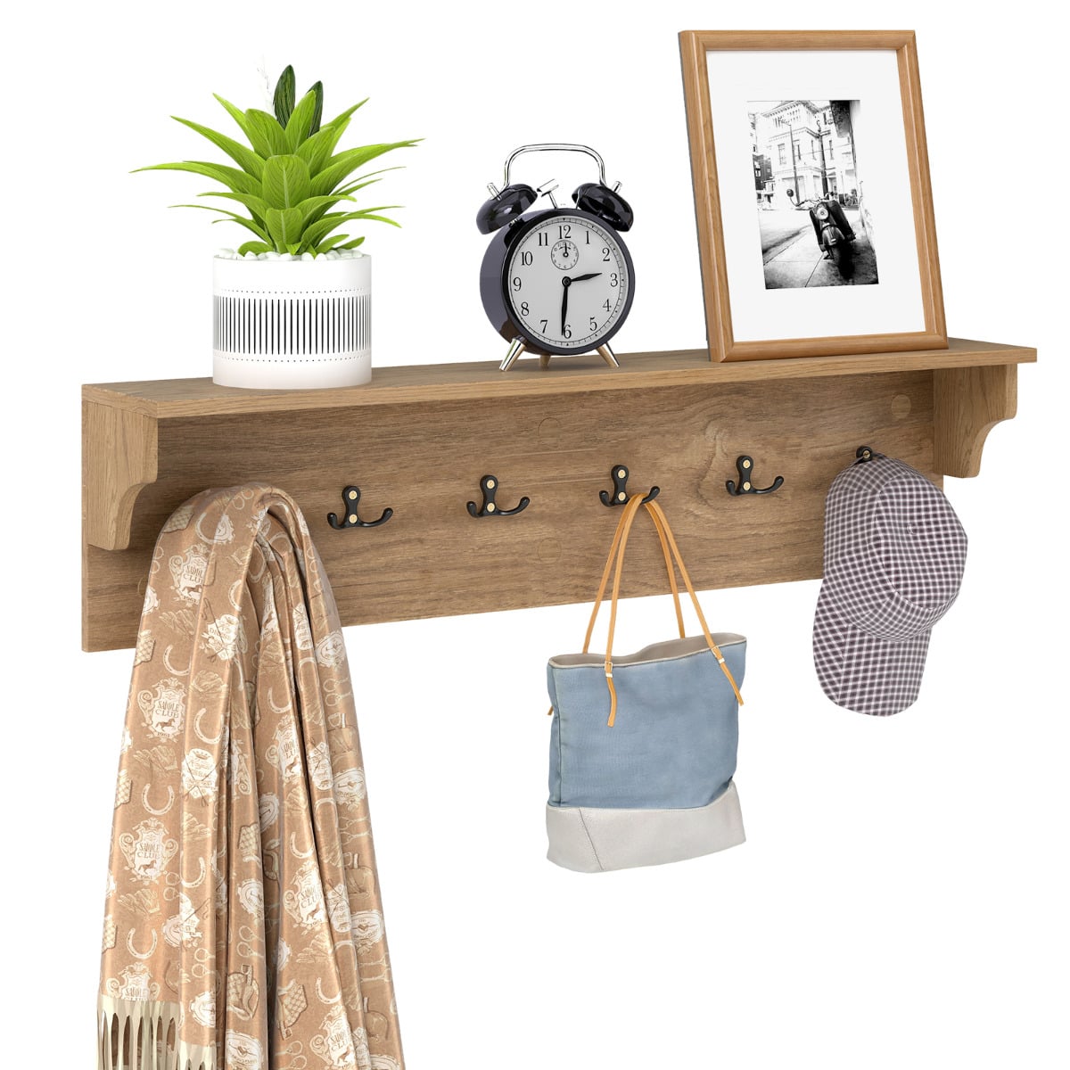 YAVIX 80cm Wall Hooks with Shelf Wooden Coat Rack-Natural & White