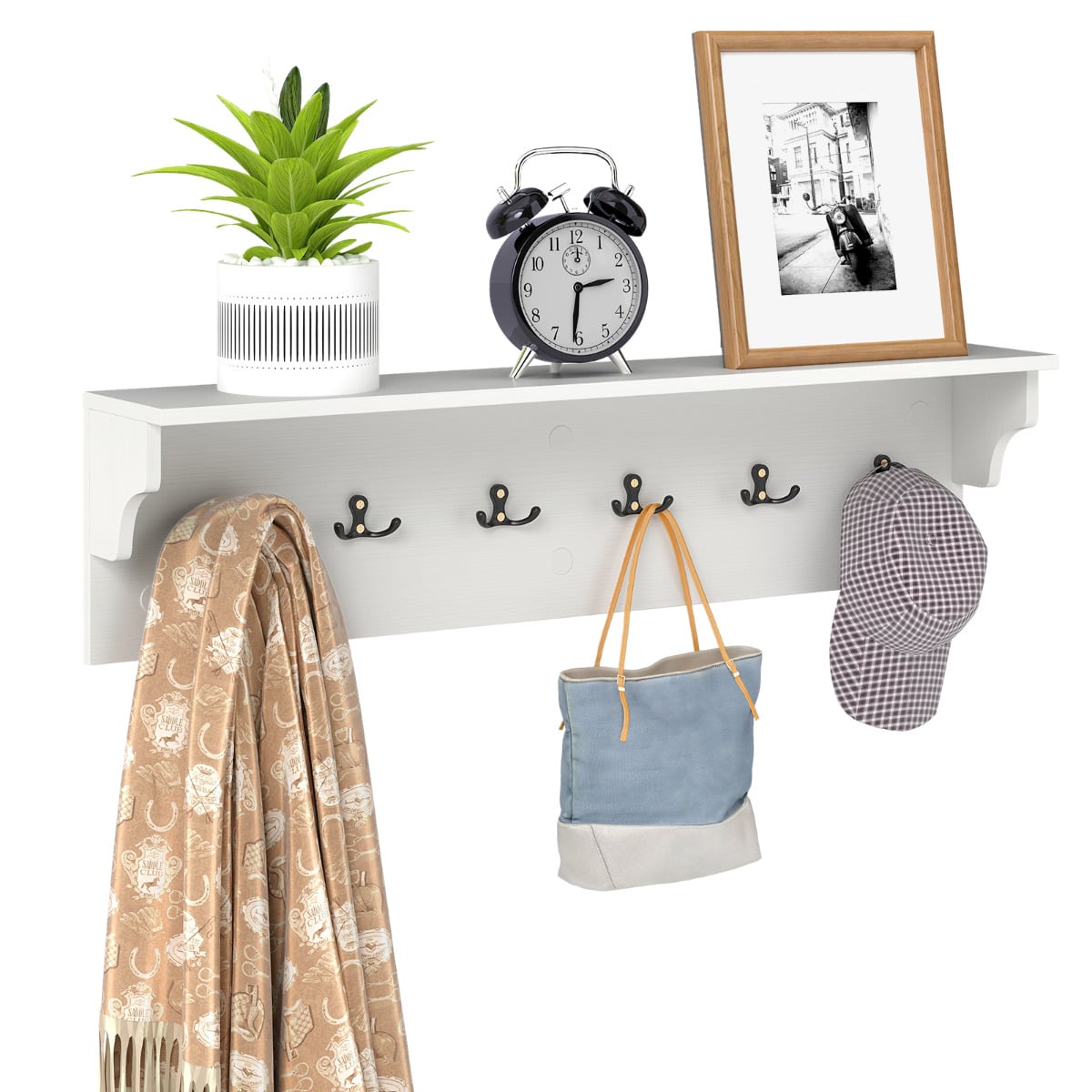 YAVIX 80cm Wall Hooks with Shelf Wooden Coat Rack-White
