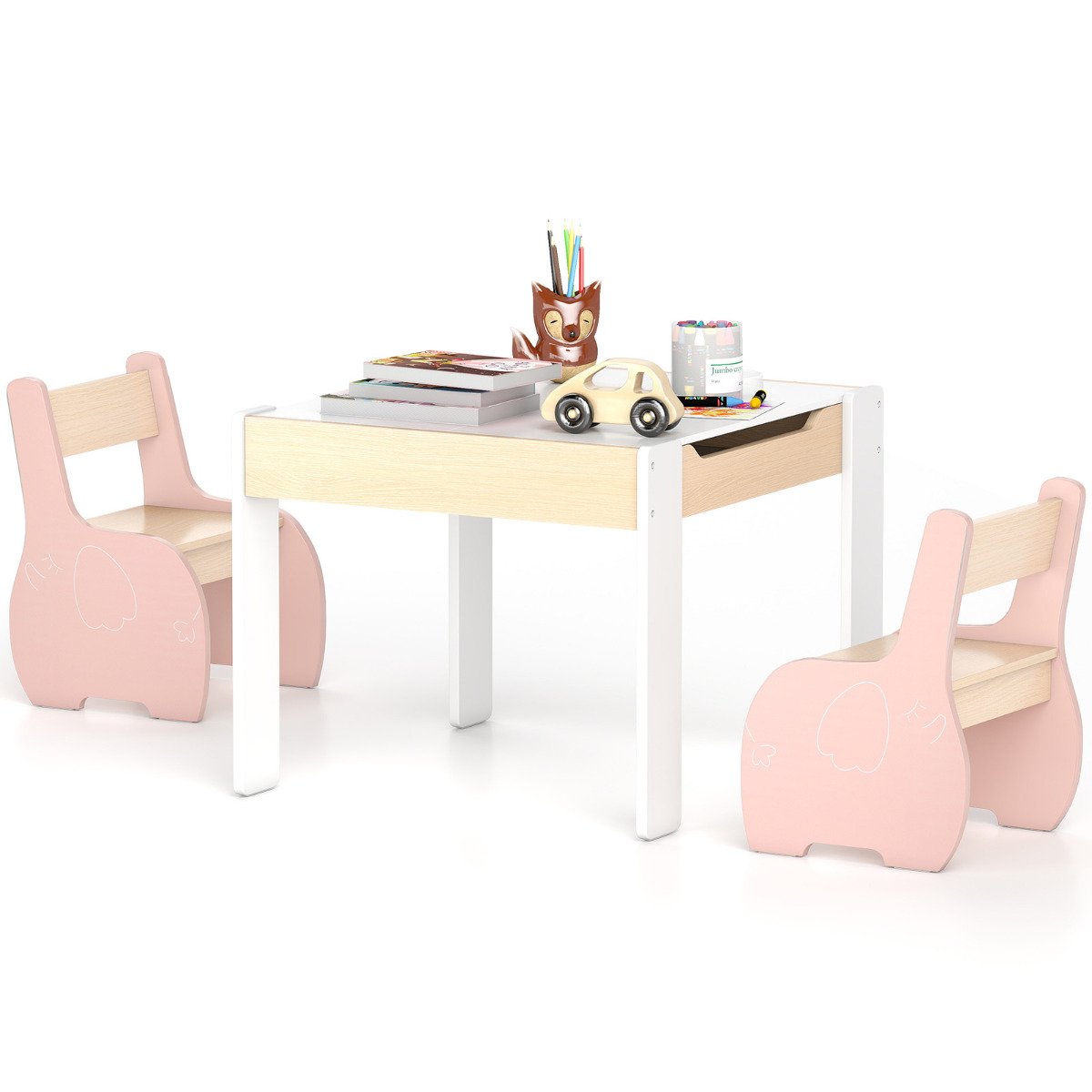 Wooden Kids Table and Chair Set with Hidden Storage-Pink