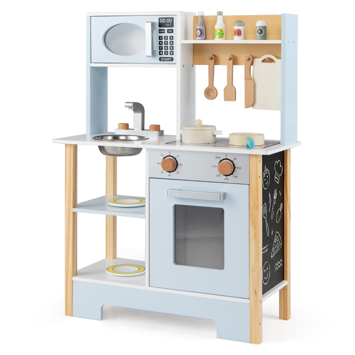 Wooden Kids Play Kitchen with Chalkboard & Stove-Blue