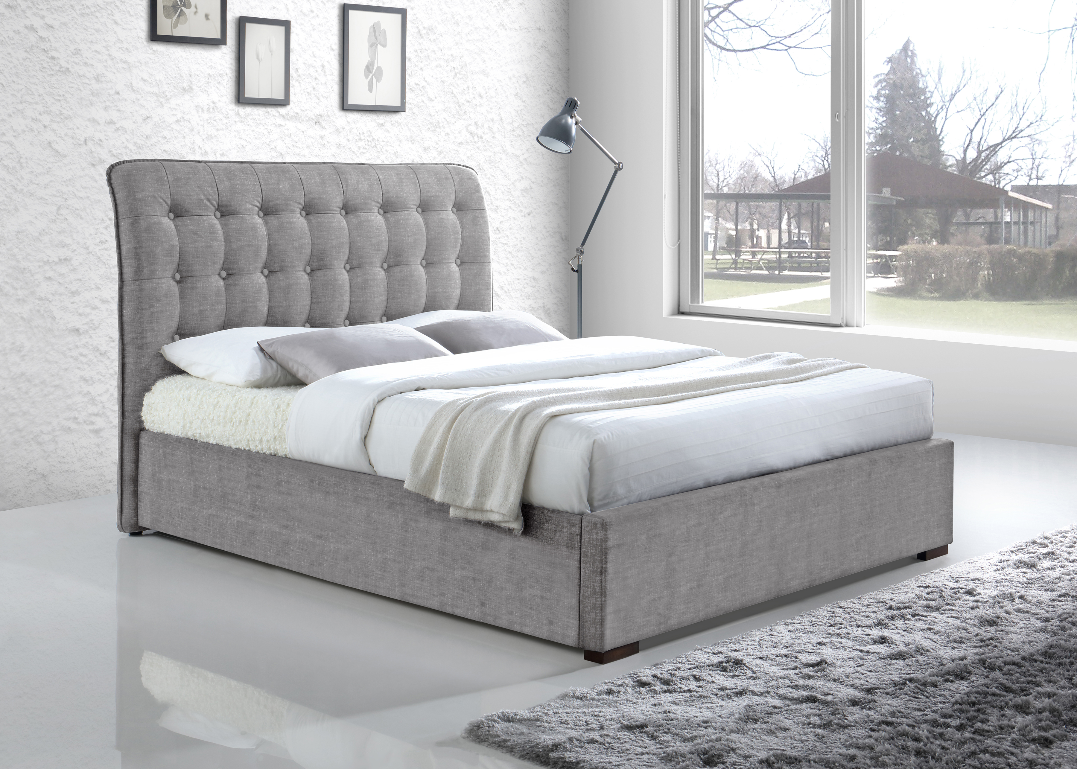 Double Bed - HAMVISTA 4ft6 Fabric Bed Light Grey