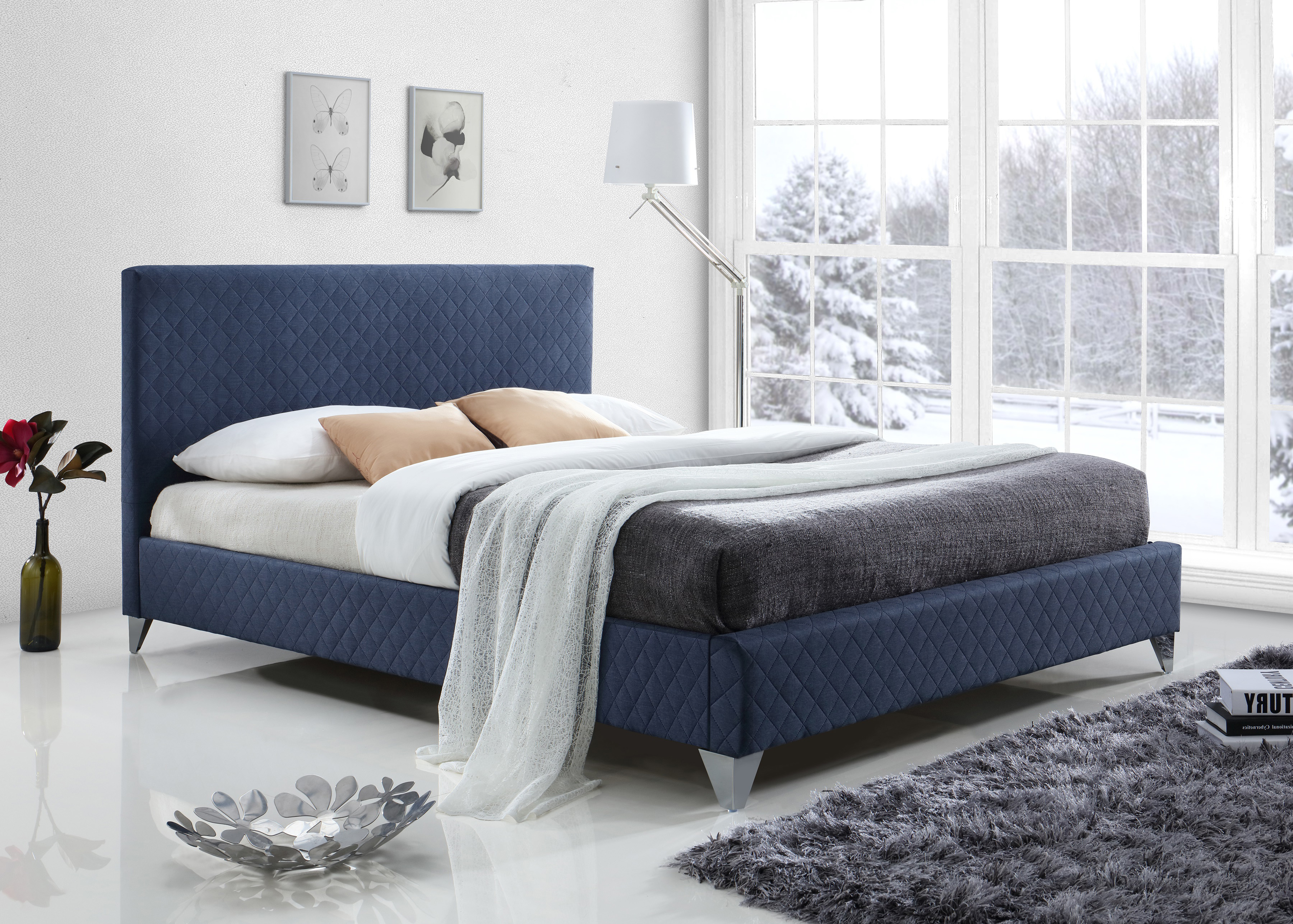 Double Bed - BROXLEY 4ft6 Fabric Bed Blue