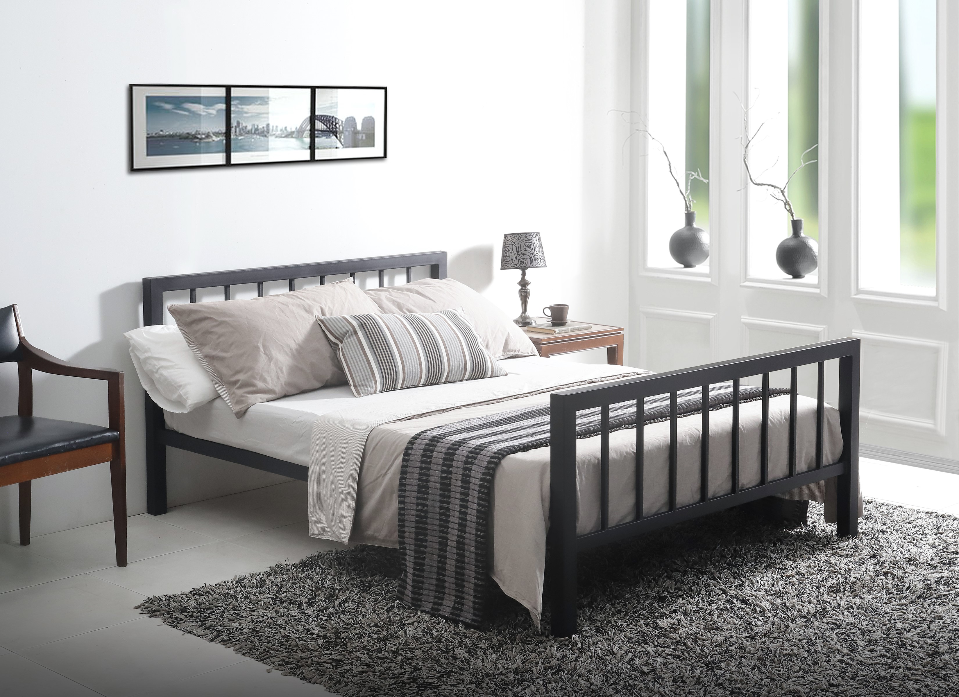 Double Bed - METRANO 4ft6 Metal Bed Charcoal Black