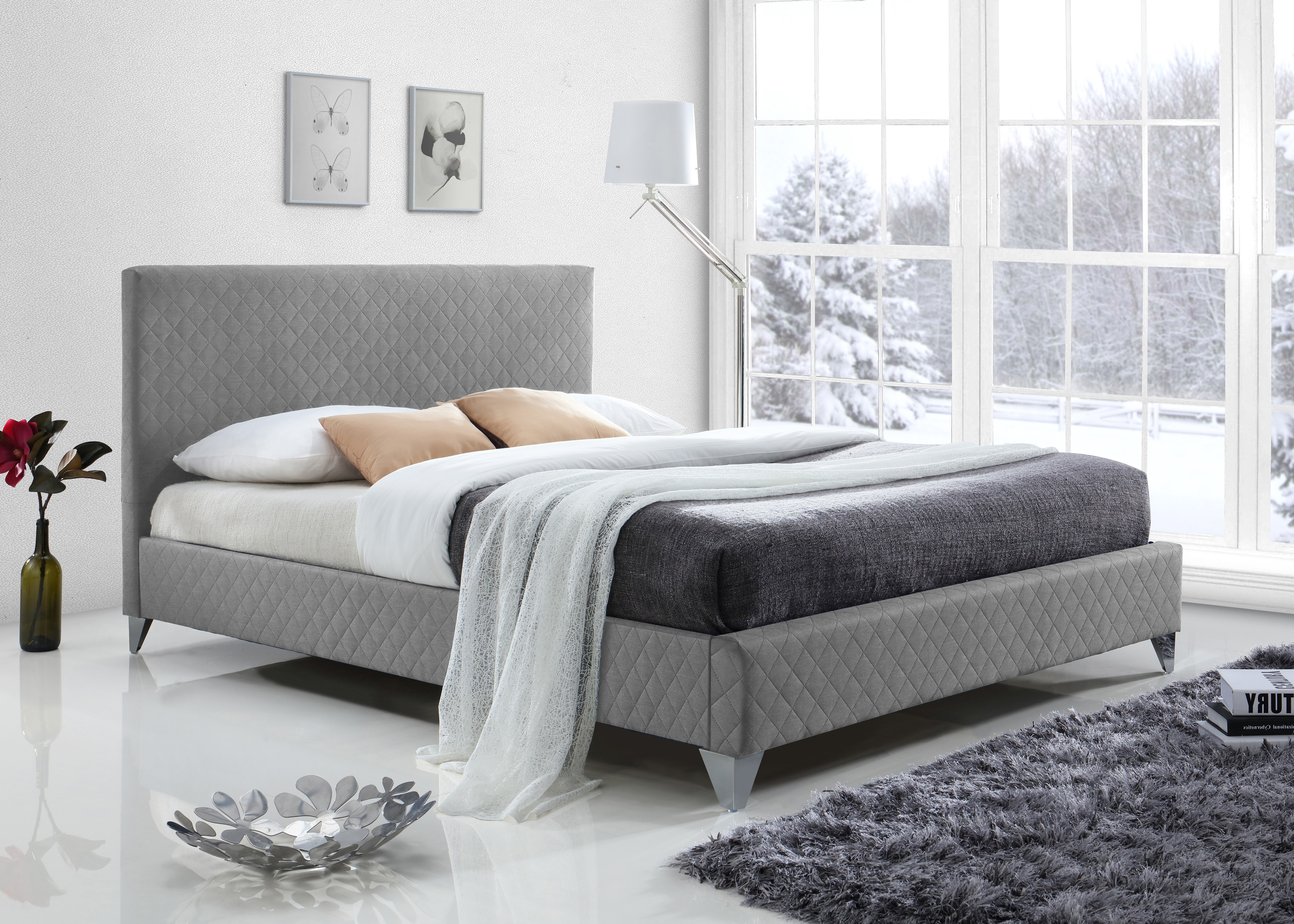 Double Bed - BROXLEY 4ft6 Fabric Bed Light Grey