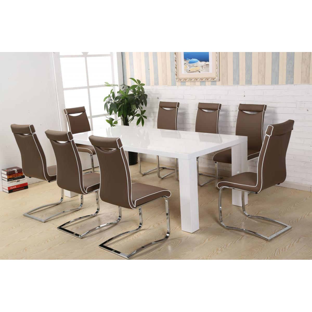 Ocala Brown Leather Effect in White Edging Dining Chairs with Chrome Finish - Set of 2