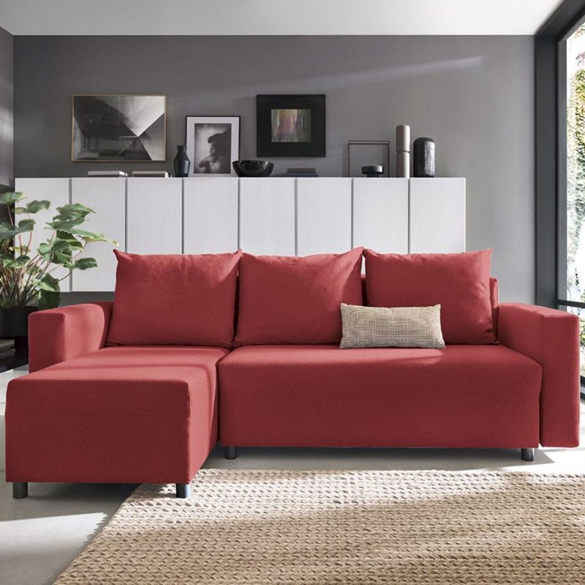 MILTON Fabric 4 Seater L Shaped - Left Hand Facing Corner Sofa - Red