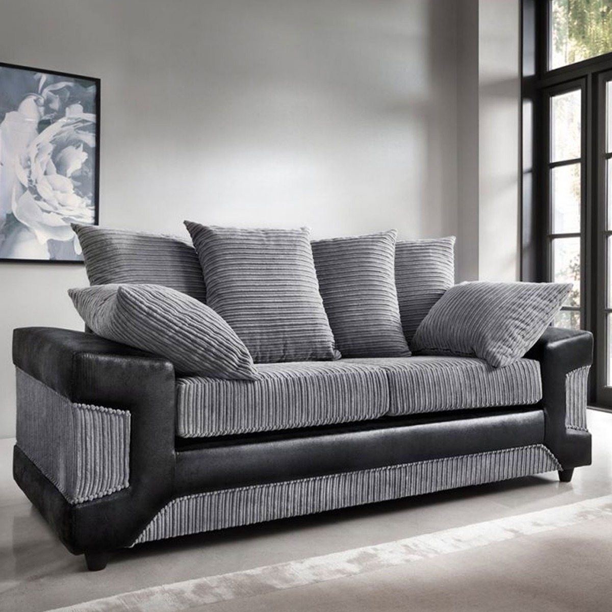ERITREA Jumbo Cord 3 Seater Scatterback Sofa - Black and Charcoal