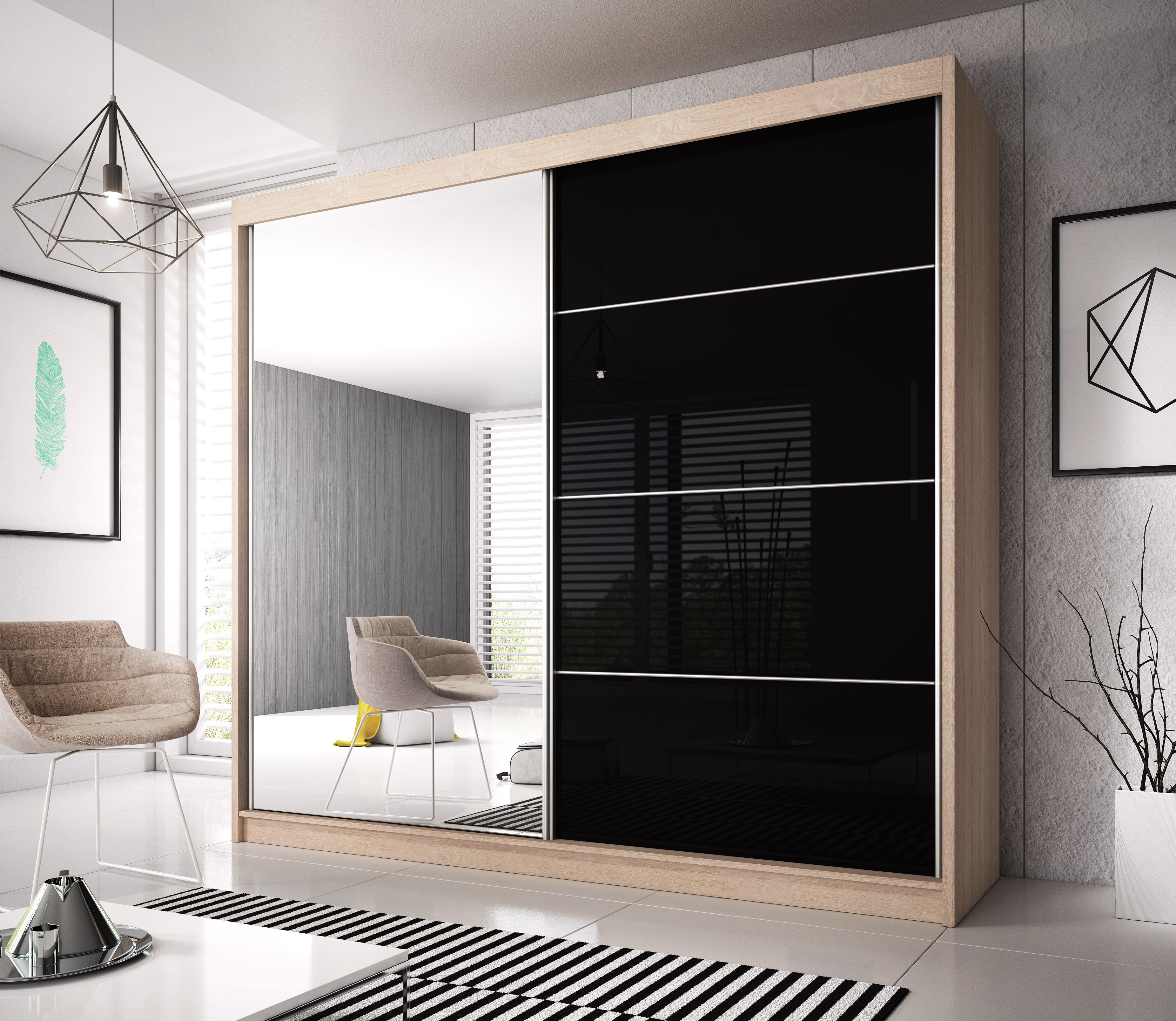MALTA 2 Door Mirrored Sliding Wardrobe Oak Sanoma and Black - 183cm