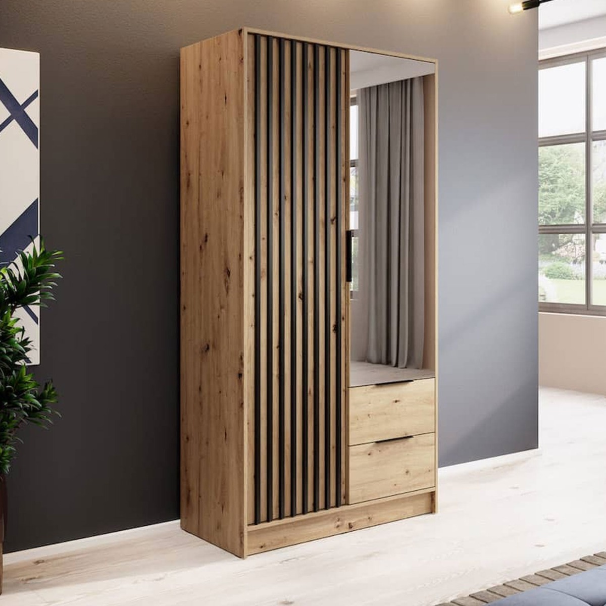 ORION 2 Door Mirrored Wardrobe with 2 Drawers Oak - 105cm