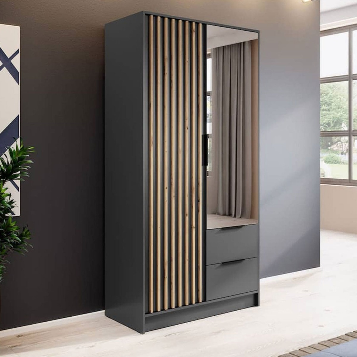 ORION 2 Door Mirrored Wardrobe with 2 Drawers Dark Grey - 105cm