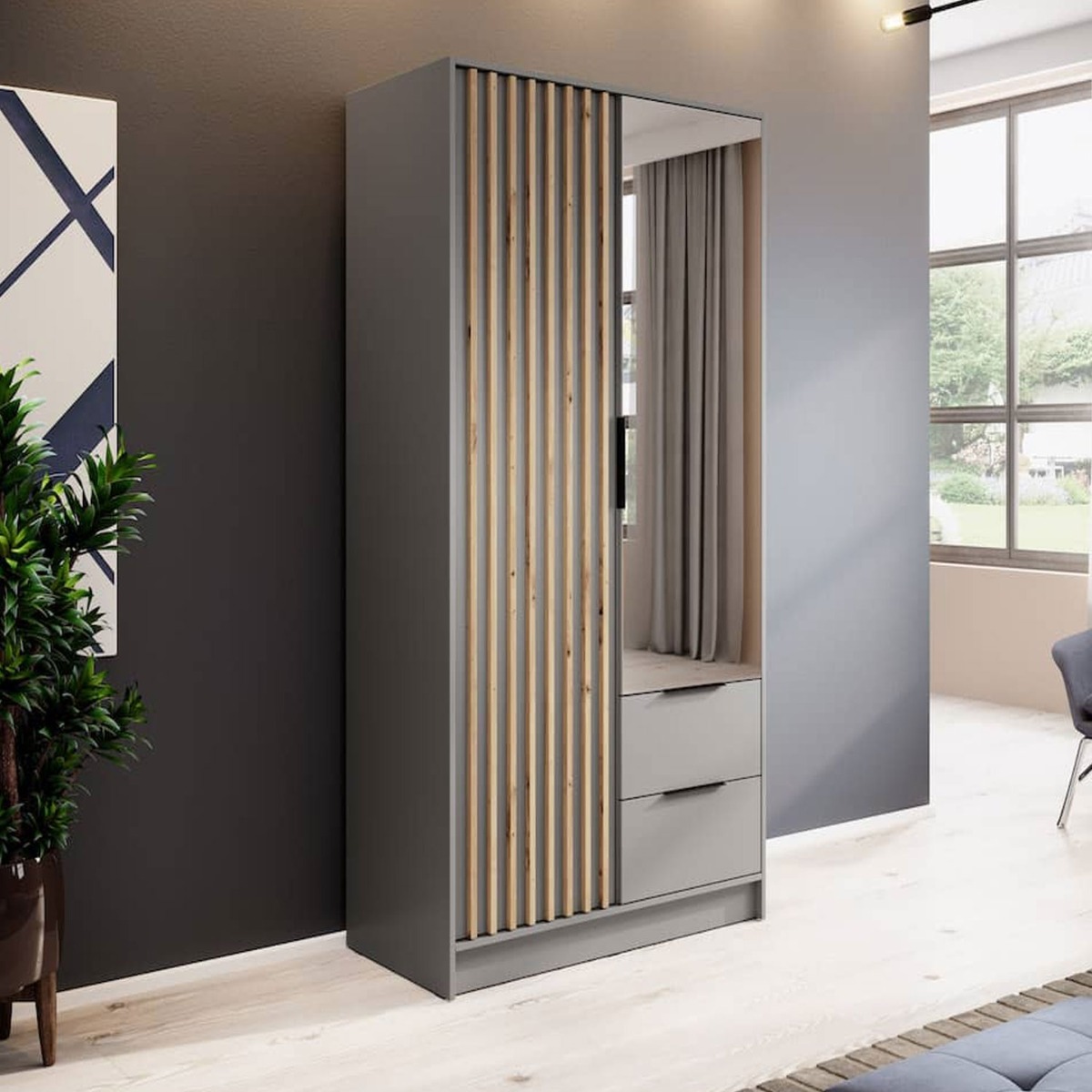 ORION 2 Door Mirrored Wardrobe with 2 Drawers Light Grey - 105cm