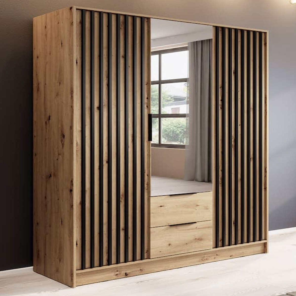 ORION 3 Door Mirrored Wardrobe with 2 Drawers Oak - 155cm