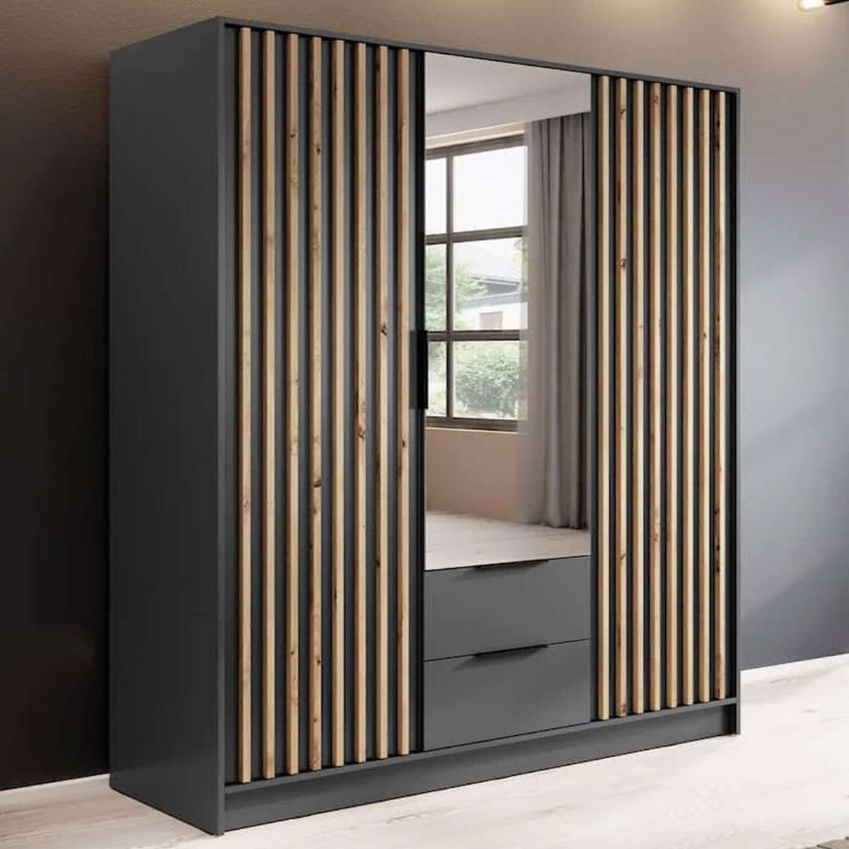 ORION 3 Door Mirrored Wardrobe with 2 Drawers Dark Grey - 155cm