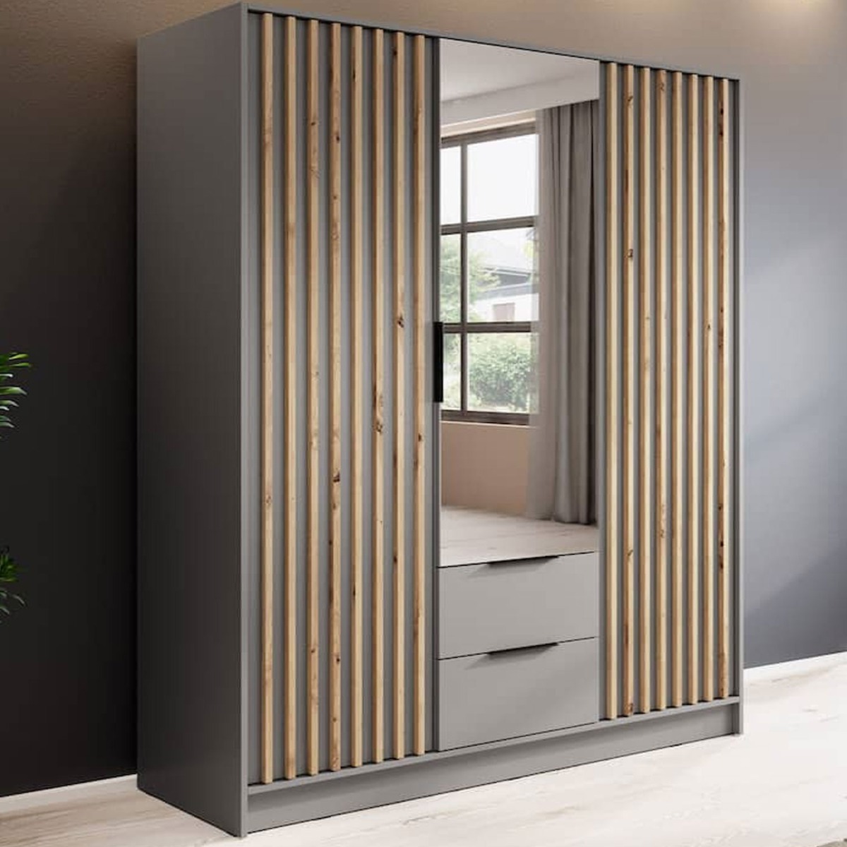 ORION 3 Door Mirrored Wardrobe with 2 Drawers Light Grey - 155cm