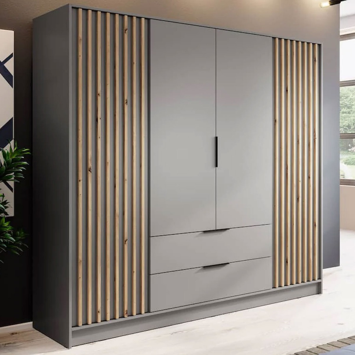 ORION 4 Door Wardrobe with 2 Drawers Light Grey - 206cm